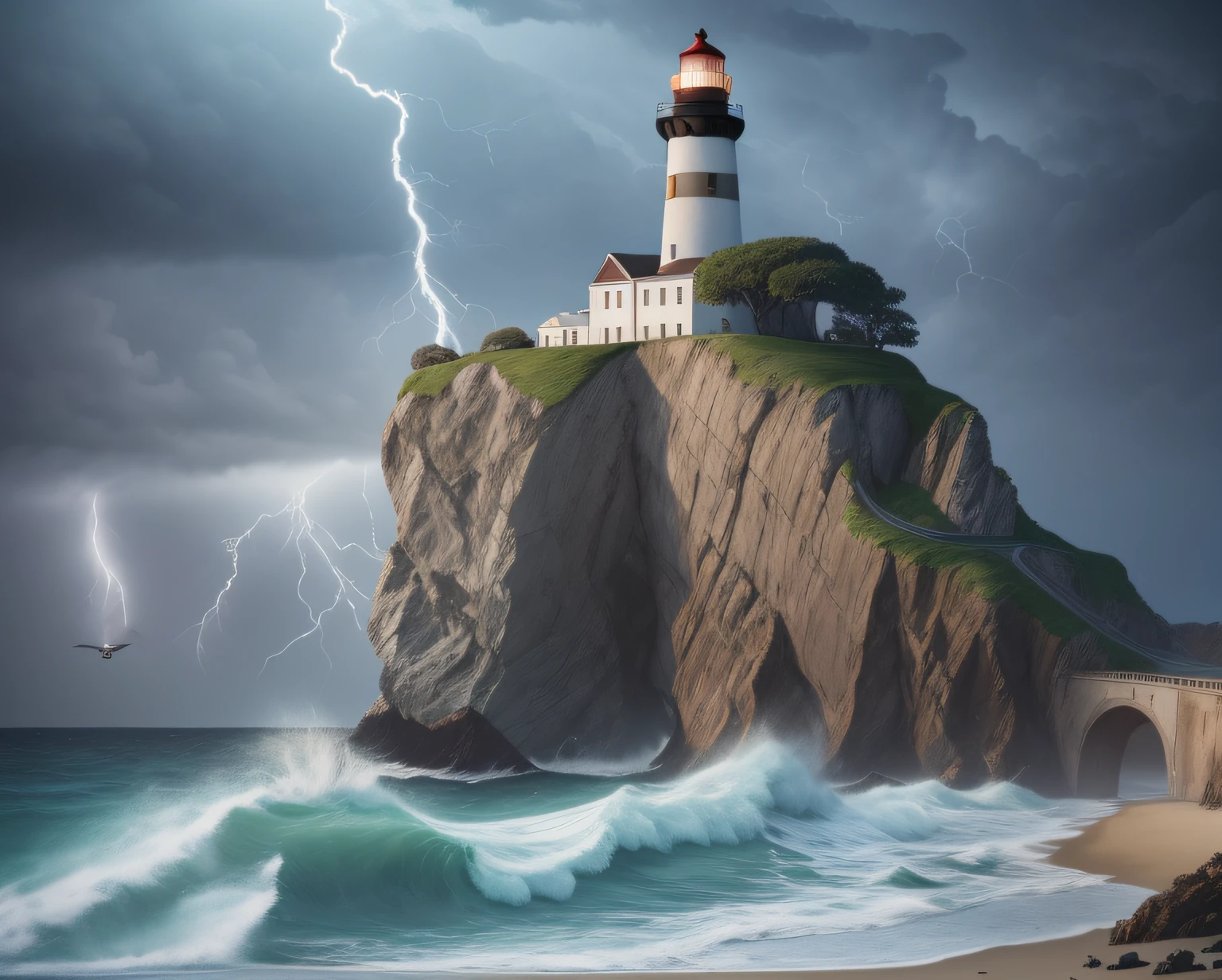 abandoned lighthouse, cliff, abandoned island, dark coast, rocky coastline, rough sea, storm,black clouds, lightning, tidal wave, 8k hyper realistic, ultra complex details, perfect texture, seagulls flying, tree leaves flying, , debris floating, photo realistic ,, iso50,old keepligther walkinh alone