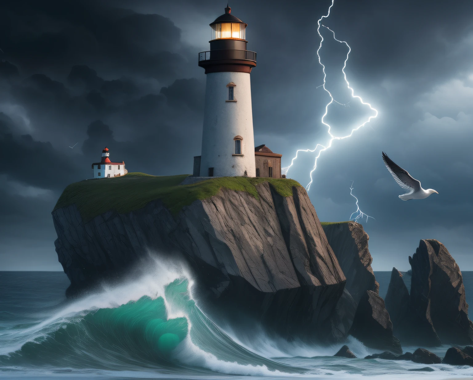 abandoned lighthouse, cliff, abandoned island, dark coast, rocky coastline, rough sea, storm,black clouds, lightning, tidal wave, 8k hyper realistic, ultra complex details, perfect texture, seagulls flying, tree leaves flying, , debris floating, photo realistic ,, iso50,