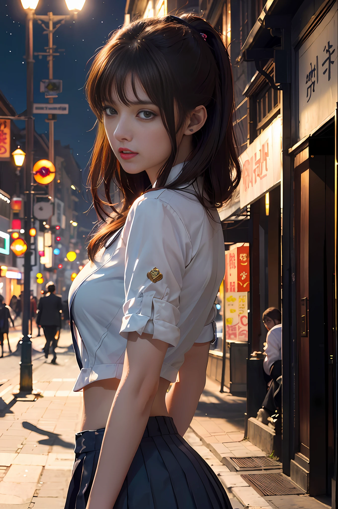 (backlit, navel: 1.1, brunet), a beautiful woman in a school uniform on a bustling street of Gintama, surrounded by vendors, beautiful portrait of a goddess, beautiful detail face, porcelain skin, bust shot, centered, ((moonlight, night, edge lighting, duotone lighting, illusory, dim, low-key)),