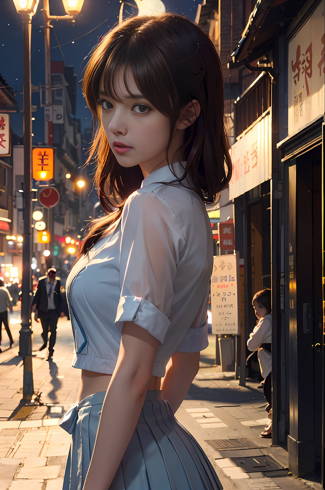 (backlit, navel: 1.1, brunet), a beautiful woman in a school uniform on a bustling street of Gintama, surrounded by vendors, beautiful portrait of a goddess, beautiful detail face, porcelain skin, bust shot, centered, ((moonlight, night, edge lighting, duotone lighting, illusory, dim, low-key)),