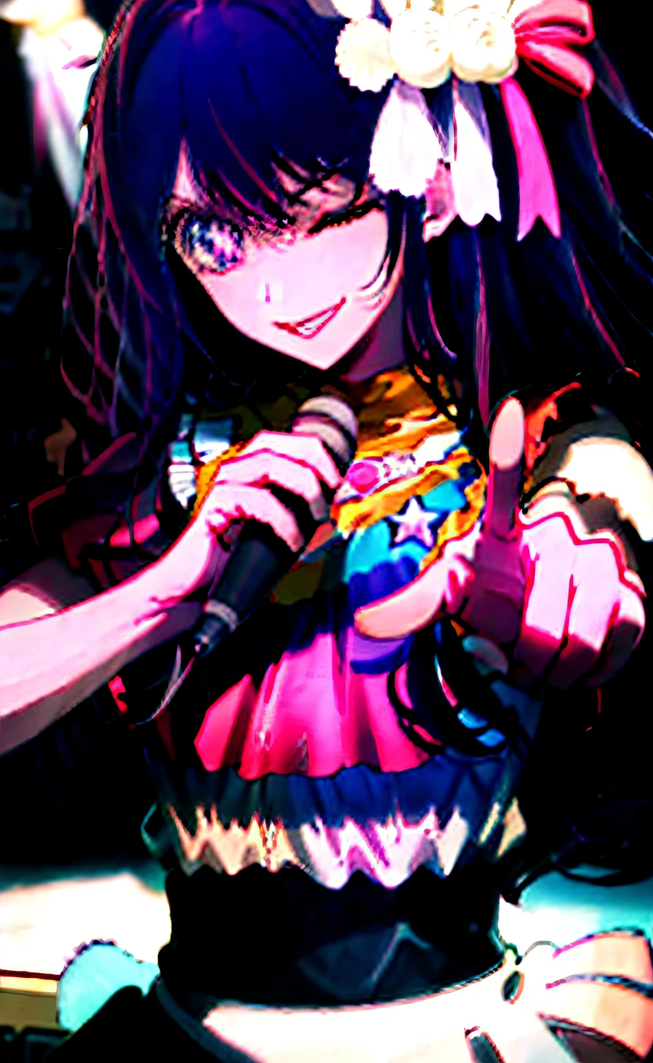 (best quality:1.4, masterpiece, 4k, details), Hoshino Ai, long hair, purple hair, streaked hair ,purple eyes, star-shaped pupils, hair ornament, on stage, smile, right hand pointing at camera, one eye closed, holding a mic with the left hand,close up shot, extremely detailed eyes, glowing eyes, highest quality digital art, Stunning art, wallpaper 4k