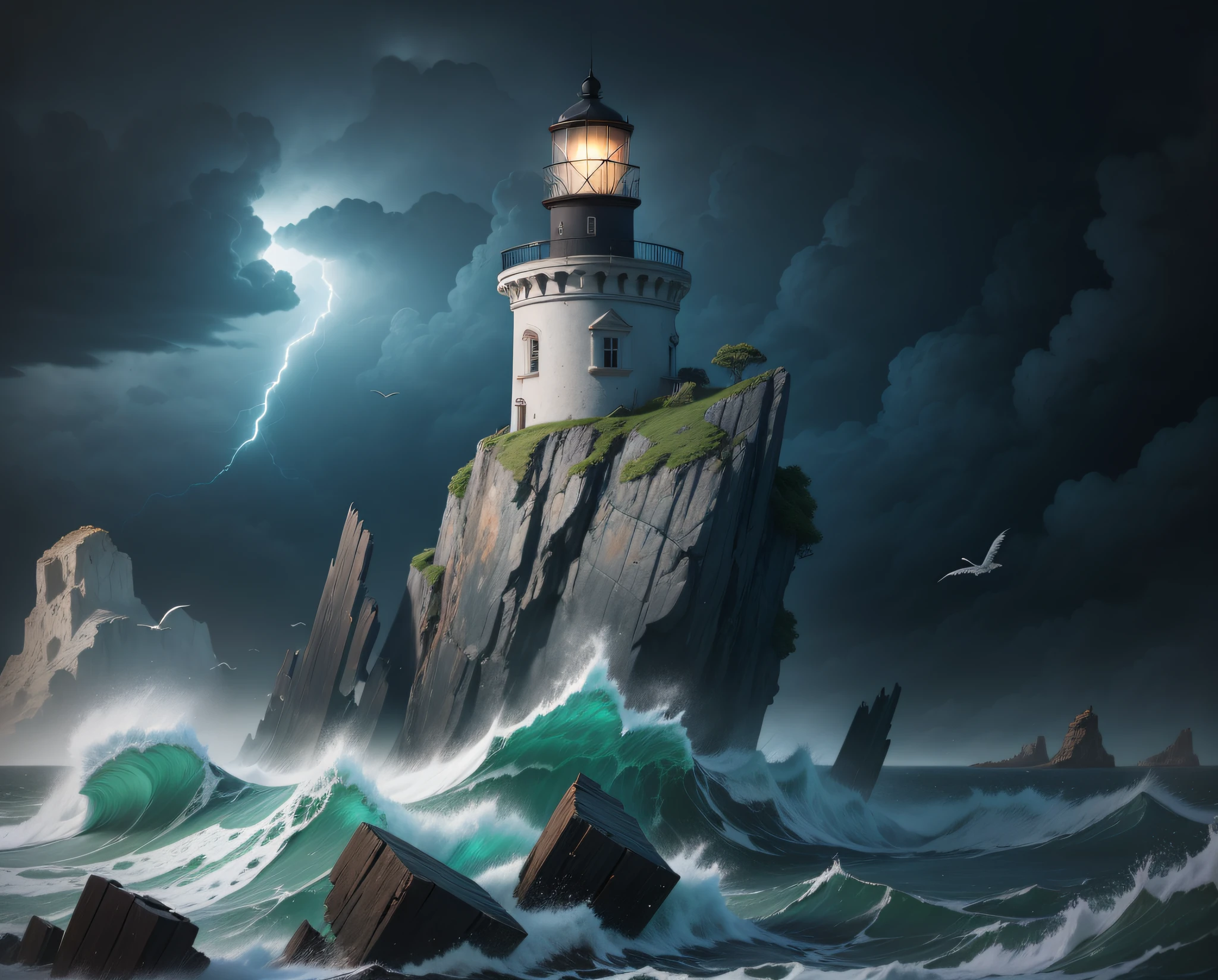abandoned lighthouse, cliff, abandoned island, dark coast, rocky coastline, revolsto sea, storm,black clouds, lightning, tidal wave, hyper realistic 8k, ultra complex details, perfect texture, seagulls flying, tree leaves flying, logs floating, debris floating, photo realistic,, iso50,