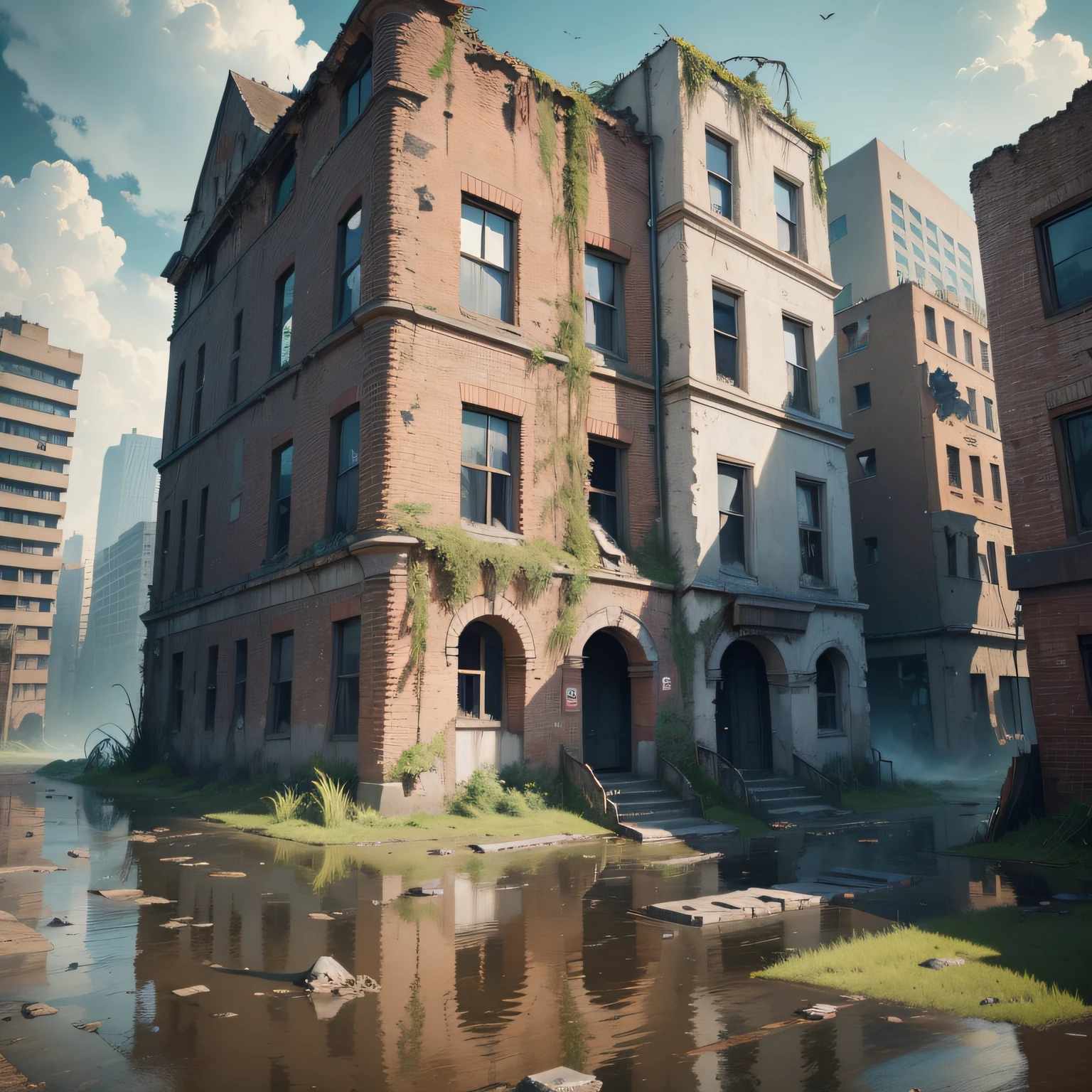 image of apocalypse, ruined buildings, rubble, fire+, skeletons in waterdirty water, running river, rapids,waves, realistic epic, hdr++, abandoned building,abandoned objects, many abandoned objects, rusty metals flood, dirty water,floating debris, neutral colors,, refractions of screen space, (complex details)+, complex details+, hyperdetailed+, artistic station, cinematic plan, vignette, complex background,,bush on the sidewalk,rusty carcasses on the ground, , birds flying, frogs, leaves floating in the water, water running in the mei of the scene, lots of vegetation on the roof of houses, vegetation on the water's edge, plants in the water, frogs in the water, herons in the water, flying vultures