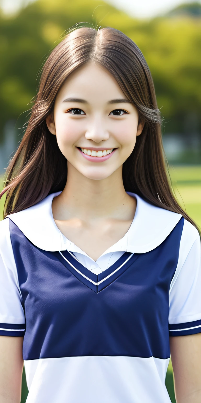 Neat college girl, petite person, (school uniform, summer clothes, short sleeves), outside the athletic field, (slim), photorealistic, detail, skin texture, ultra detail, delicate and ???? collarbone, smile, super detailed face, detailed lips, detailed eyes, double eyelids, ????? open