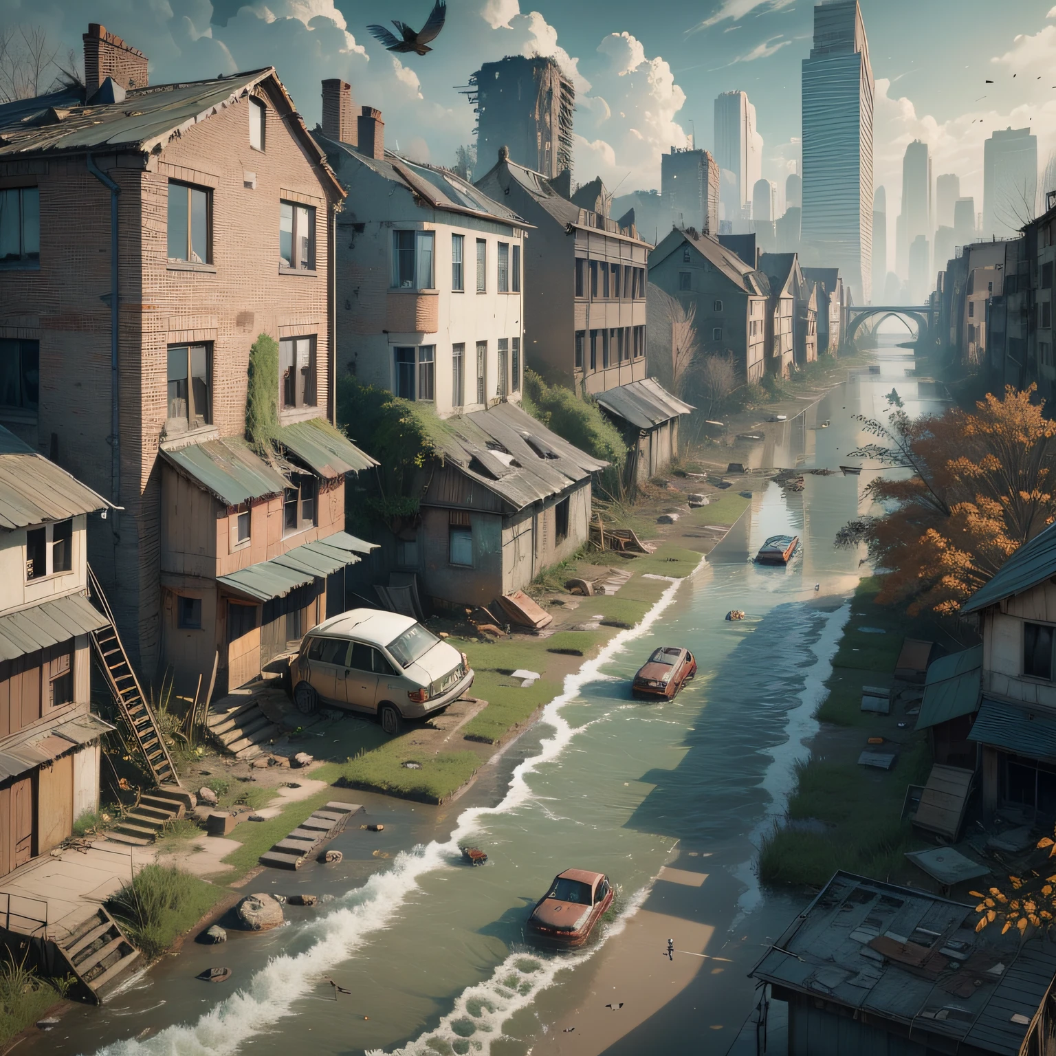 image of apocalypse, ruined buildings, rubble, fire+, skeletons in waterdirty water, running river, rapids,waves, realistic epic, hdr++, abandoned building,abandoned objects, many abandoned objects, rusty metals flood, dirty water,floating debris, neutral colors,, refractions of screen space, (complex details)+, complex details+, hyperdetailed+, artistic station, cinematic plan, vignette, complex background,,bush on the sidewalk,rusty carcasses on the ground, , birds flying, frogs, leaves floating in the water, water running in the mei of the scene, lots of vegetation on the roof of houses, vegetation on the water's edge, plants in the water, frogs in the water, herons in the water, flying vultures
