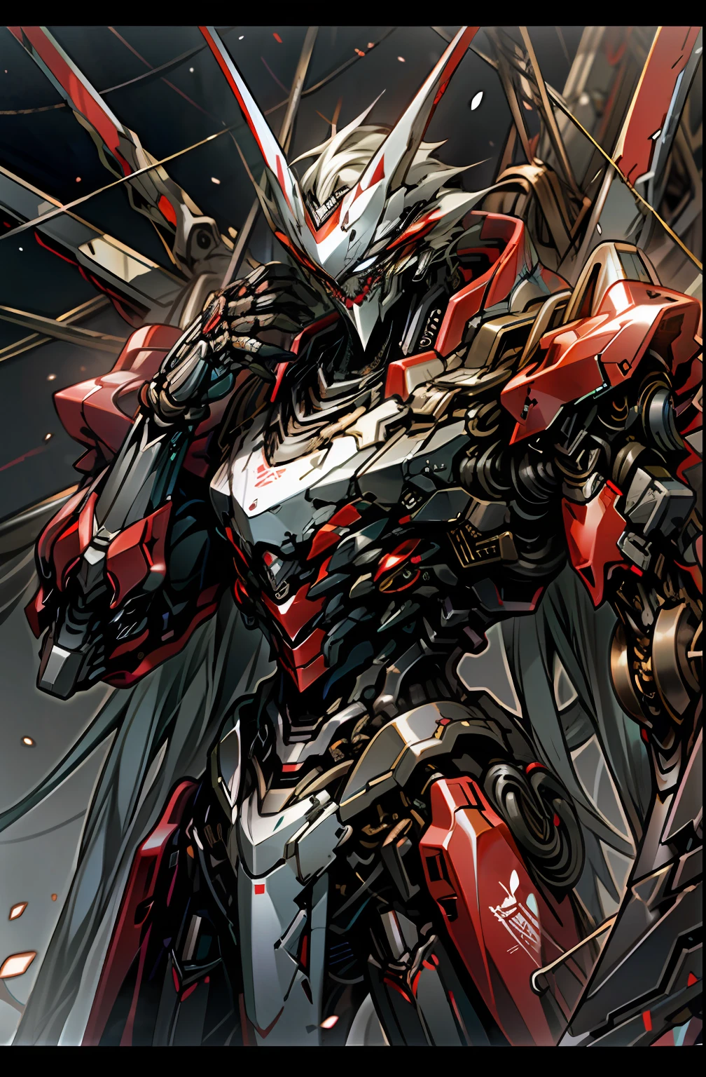 Dark_Fantasy,Cyberpunk,(chain saw,chain saw man,Red:1.1),1man,Mechanical marvel,Robotic presence,Cybernetic guardian,