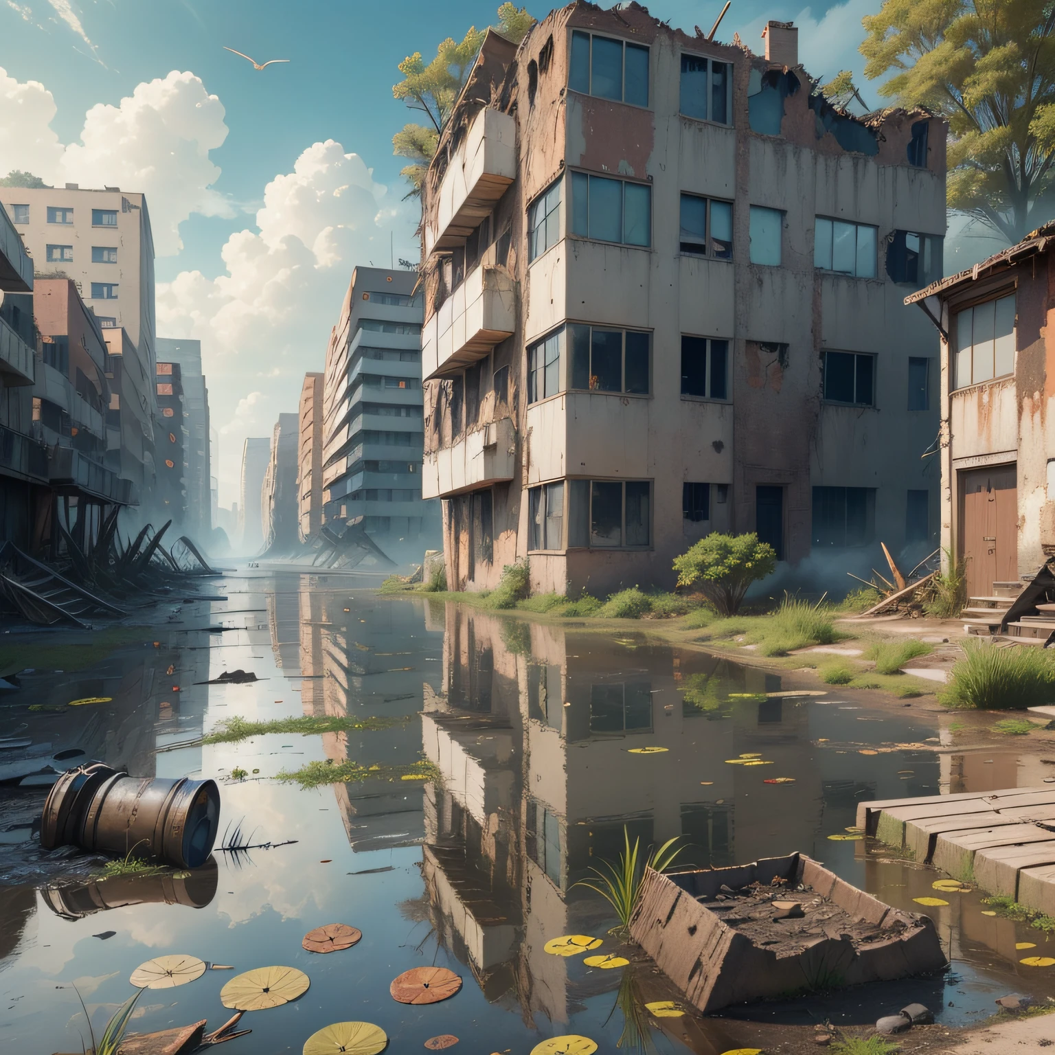image of apocalypse, ruined buildings, rubble, fire+, dirty water, running river, rapids,waves, realistic epic, hdr++, abandoned building,abandoned objects, many abandoned objects, rusty metals flood, dirty water,floating debris, neutral colors,, refractions of screen space, (complex details)+, complex details+, hyperdetailed+, artistic station, cinematic plan, vignette, complex background,,bush on the sidewalk,rusty carcasses on the ground, , birds flying, frogs, leaves floating in the water, water running in the mei of the scene, lots of vegetation on the roof of houses, vegetation on the water's edge, plants in the water, frogs in the water, herons in the water, flying vultures