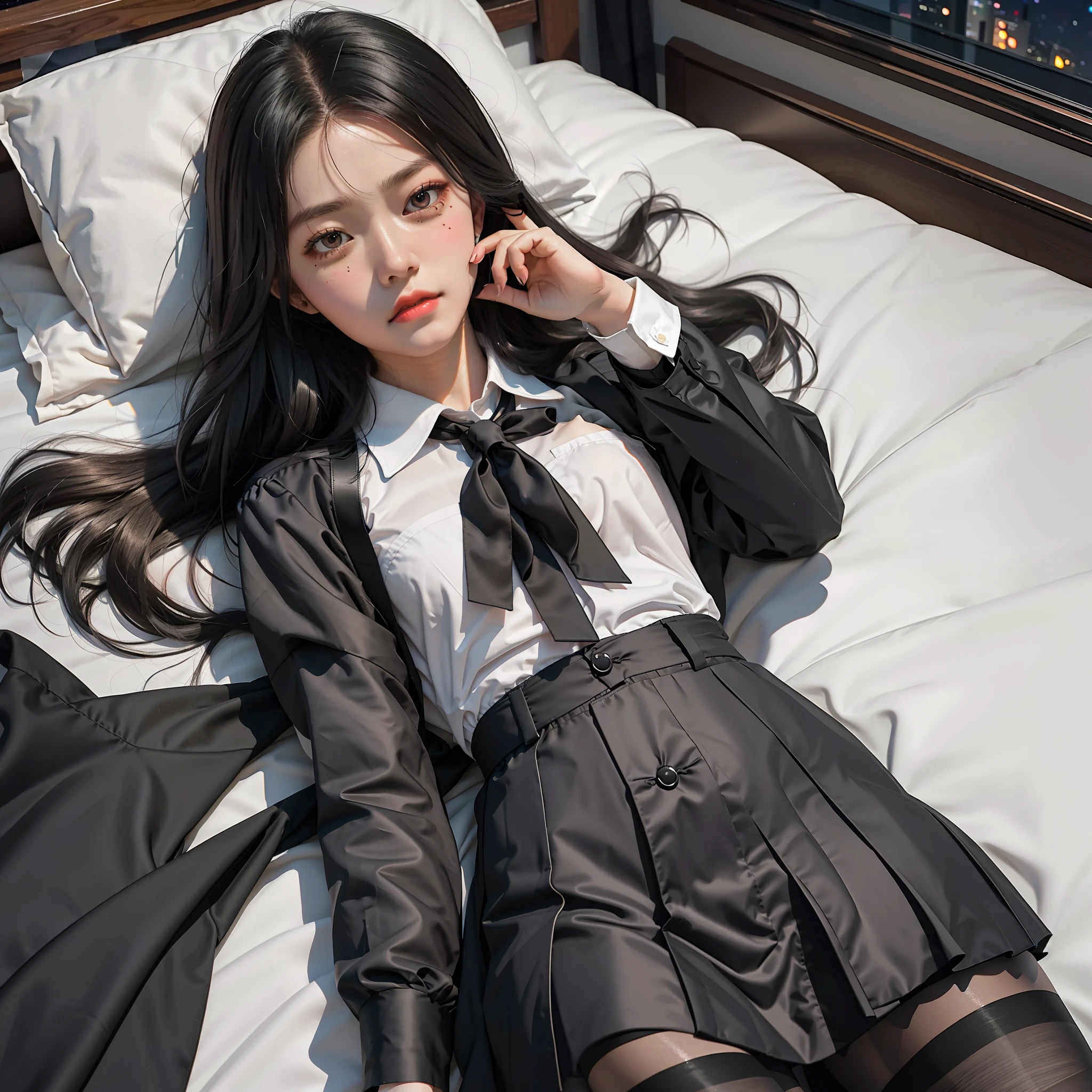 1 girl, black pantyhose, School Uniform, long hair, eyelashes, (on_back:1.3), blush, tears, bed, alsleep, Masterpieces, (Lying flat:1.3), Large font, Masterpieces, hotel, (night:1.5), high quality, masterpiece