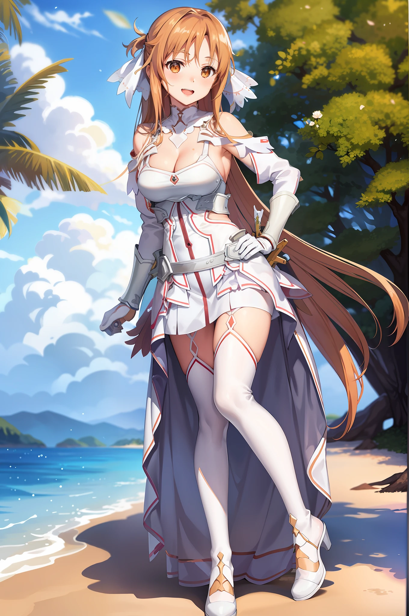 stacia, asuna, asuna_\(sao\), 1girl, (sexy pose:1.4), fantasy, highres, looking_away, looking_to_the_side, original, realistic, scenery, close_up, upper_body, (draw sword:1.5), smiling, solo, (potruding nipple:1.2), long hair, looking at viewer, smile, open mouth, bangs ,detailed eyes, beautiful background, (summer, beach), hands on the chest, orange hair, thighhighs, gloves, dress, (cleavage:1.4), bare shoulders, brown eyes, very long hair, standing, (full body:1.5), white gloves, white dress, armor, white thighhighs, garter straps, fantasy, white armor, abec, sfw
