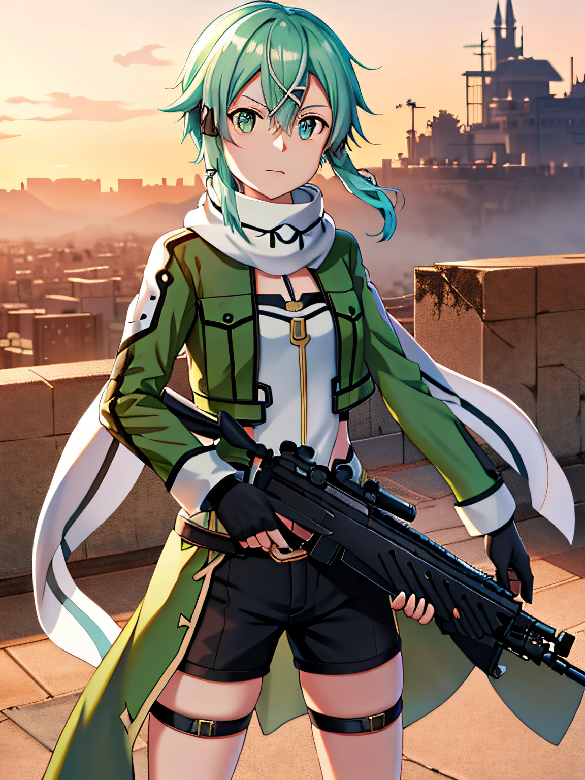 Sword Art Online's Chinon, (holding a rifle: 1.2), masterpiece, top quality, hi-res, 1girl, sinon1, scarf, fingerless gloves, long sleeves, shorts, hair ornaments, hair clips, green neeso, green jacket, thigh straps, rifle, ultimalatio hekhart II, trying to shoot, building rooftop, ruined city,