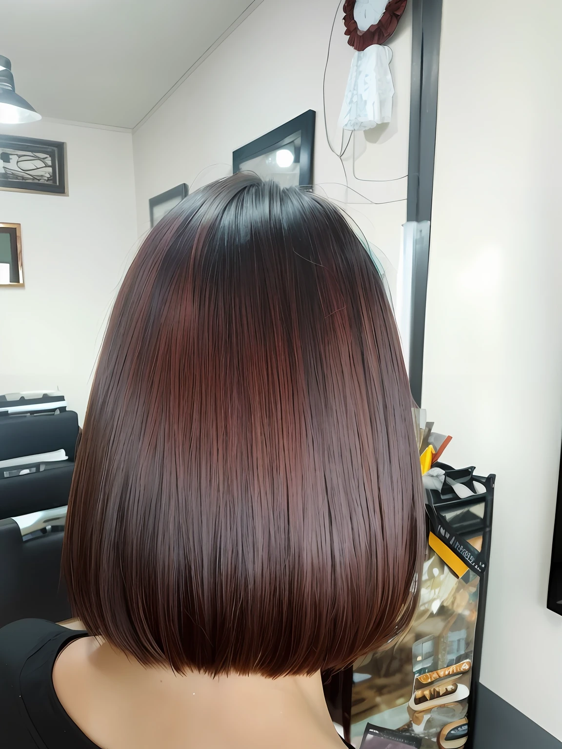 arafed back view of a woman with a red bob cut, brown neat hair, hair coloring, brown reddish hair, smooth shaded, brown color, reddish - brown, hair dyed to a hazelnut brown, full head, brown long and straight hair, gradient brown to red, straight hairstyle, heavy two tone shading, bob cut, chestnut hair, hair color, smooth hair