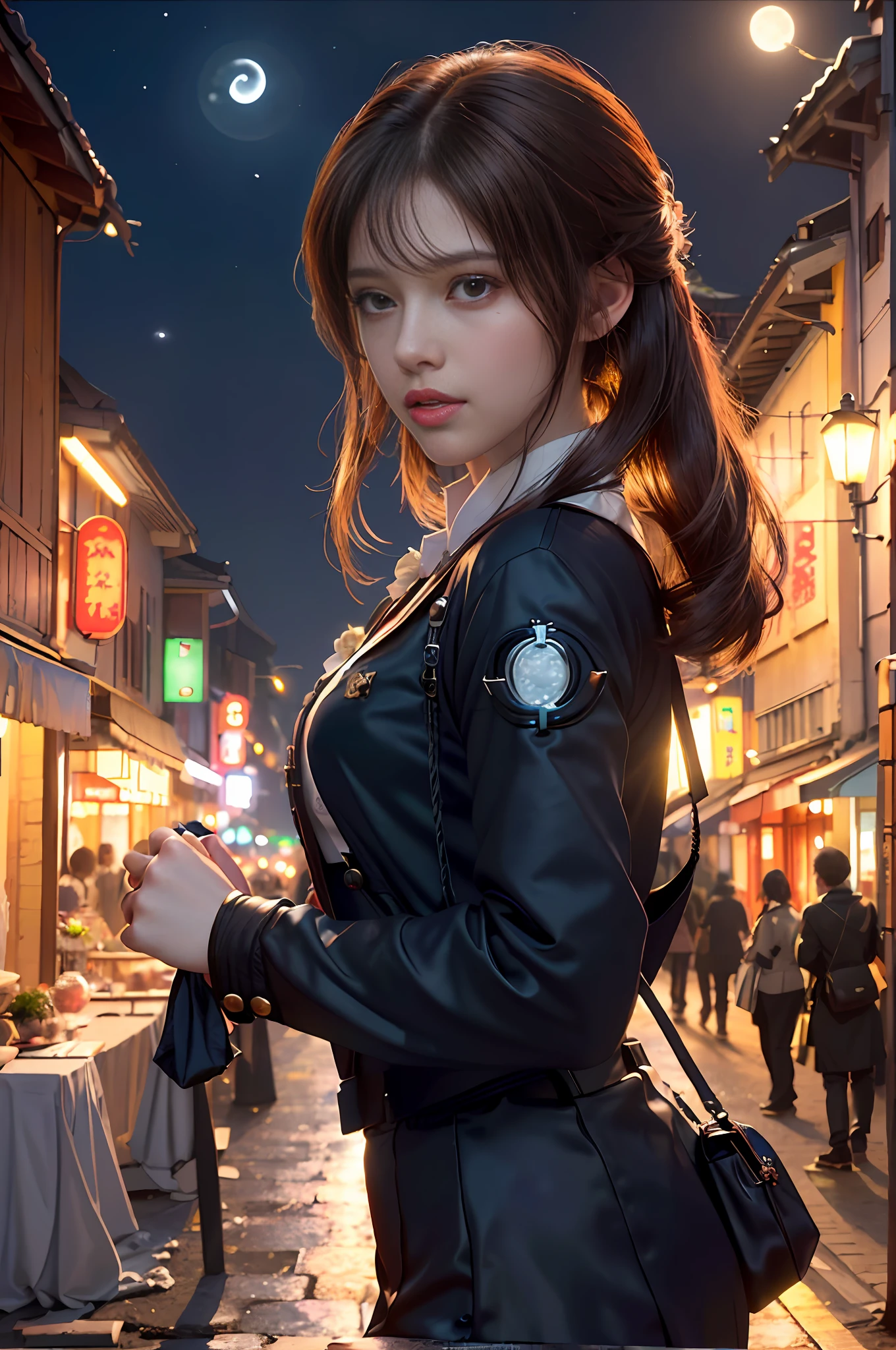 (backlit, navel: 1.1, brunet), a beautiful woman in a school uniform on a bustling street of Gintama, surrounded by vendors, beautiful portrait of a goddess, beautiful detail face, porcelain skin, bust shot, centered, ((moonlight, night, edge lighting, duotone lighting, illusory, dim, low-key)),