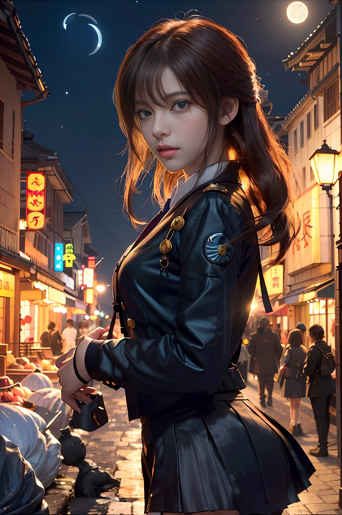 (backlit, navel: 1.1, brunet), a beautiful woman in a school uniform on a bustling street of Gintama, surrounded by vendors, beautiful portrait of a goddess, beautiful detail face, porcelain skin, bust shot, centered, ((moonlight, night, edge lighting, duotone lighting, illusory, dim, low-key)),