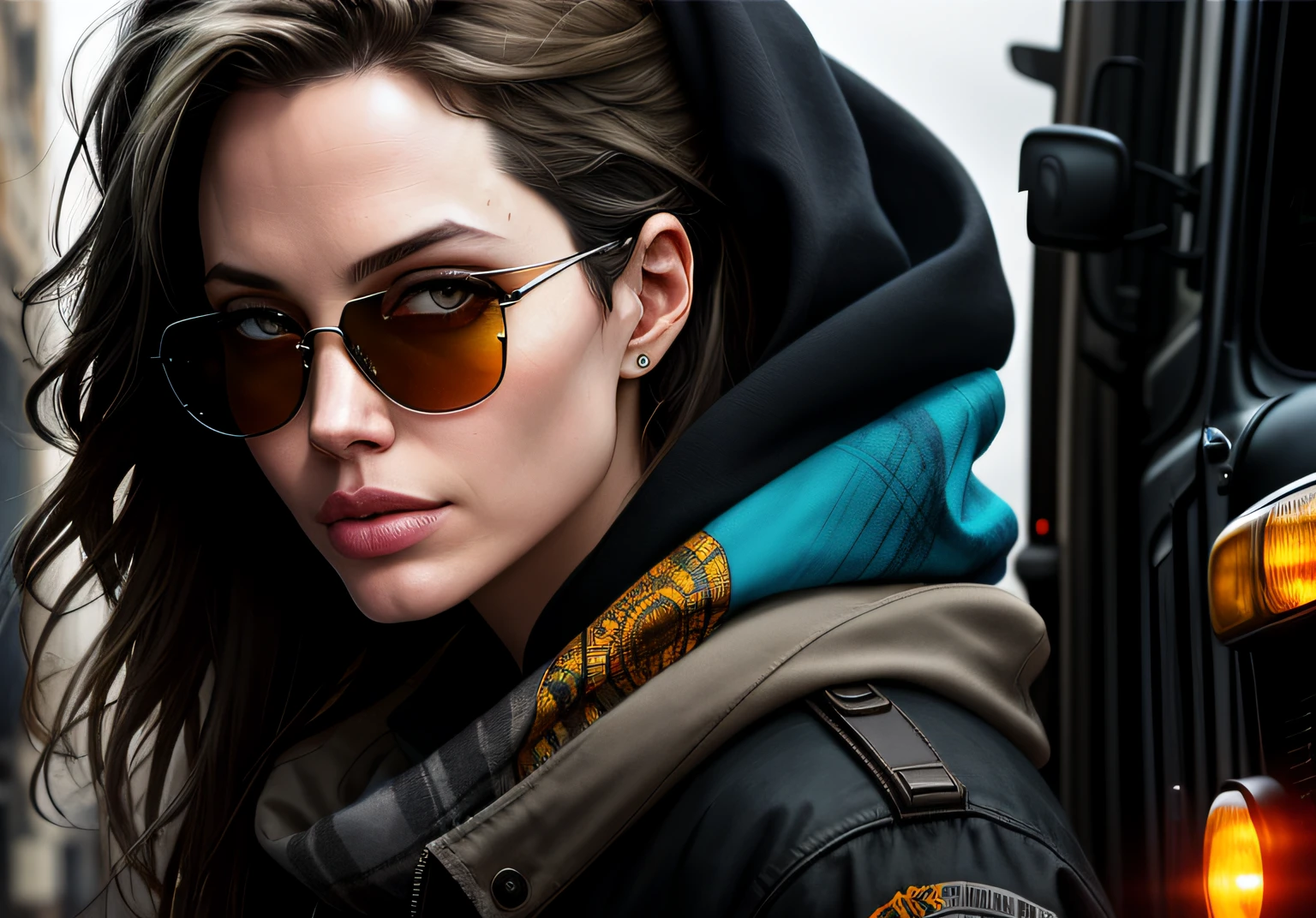 Angelina Jolie Dark photo: With her body covered, sitting next to an old truck, realistic epic, halo portrait, sunglasses, blue eyes, plaid scarf, white hair by Atey Ghailan, by Greg Rutkowski, by Greg Tocchini, by James Gilleard, by Joe Fenton, by Kaethe Butcher, yellow gradient, black, brown and magenta color scheme, grunge aesthetics!!! Graffiti brand wall background, art by Greg Rutkowski and Artgerm, soft cinematic light, Adobe Lightroom, Photo Lab, HDR, intricate, highly detailed, (depth of field: 1.4), faded, (neutral colors: 1.2), (HDR: 1.4), (soft colors:1.2), hyperdetailed, (Artstation:1.4), cinematic, warm lights, dramatic light, (intricate details:1.1), complex background, (Rutkowski:0.66), (blue and orange:0.4)