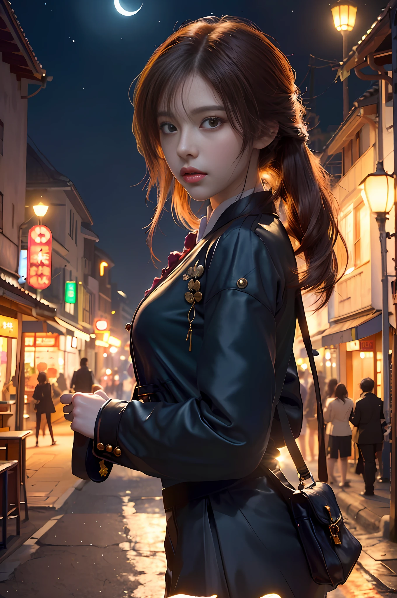 (backlit, navel: 1.1, brunet), a beautiful woman in a school uniform on a bustling street of Gintama, surrounded by vendors, beautiful portrait of a goddess, beautiful detail face, porcelain skin, bust shot, centered, ((moonlight, night, edge lighting, duotone lighting, illusory, dim, low-key)),