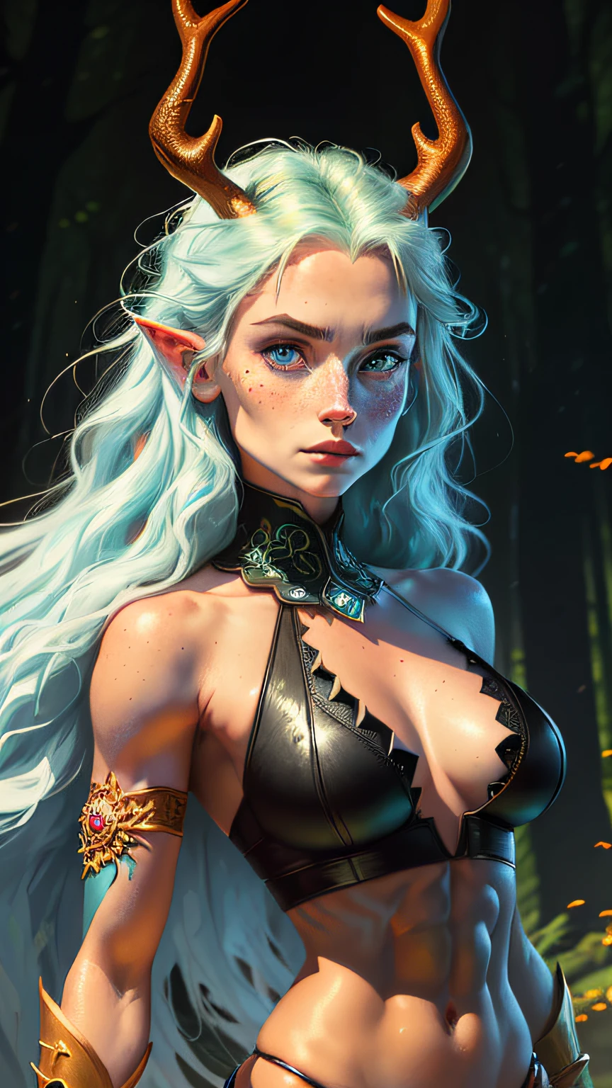 hand drawn sketch illustration of a beautiful dnd ifreet djinn girl with flaming red hair, blue eyes, symmetrical antlers, blue skin, leather armor with freckles and bright striking blue eyes posing for a photo,full body, bare shoulders, muscular, fit, defined abs, thongs, (prominent cameltoe) white freckles, long flowing green hair flying, glowing radiance, beautiful pale makeup, color portrait, stunning portrait, elegant freckles, wearing black thongs with glowing runes of power, black gloves, star-shine, gold dust spread across her skin and her face, (dark, hyper-realistic photos (((portrait))) refraction ,Dark background of magical night forest, deep woods, towering ruins, starlight skies, A mystical and epic landscape, featuring a fantastical and surreal world of floating islands, giant trees, and mythical creatures, that transport the viewer to a world of imagination and wonder, artstation, digital art, intricate, trending, bright colors suitable for viewing in public places
