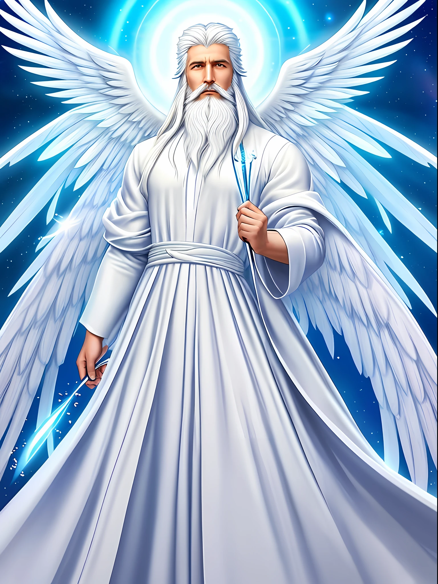 Arafed image of a handsome man with a long white beard and white robe and long white hair, majestic full-length angel, angelic spirit guide, biblical precision angel, super slim angel, Ofanim has bird wings, biblically curated angel, epic angel wings, god concept art, slim angel, large angel wings wide open, Old Testament angel, luminous angelic being, angelic purity, descends from the sky