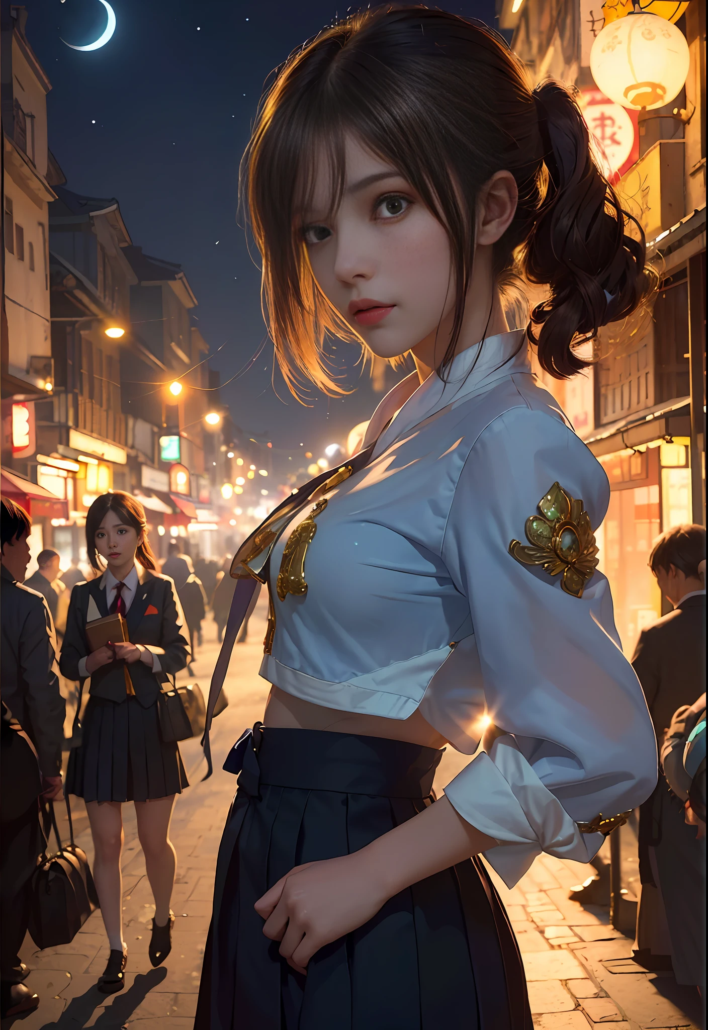 (backlit, navel: 1.1, brunet), a beautiful woman in a school uniform on a bustling street of Gintama, surrounded by vendors, beautiful portrait of a goddess, beautiful detail face, porcelain skin, bust shot, centered, ((moonlight, night, edge lighting, duotone lighting, illusory, dim, low-key)),