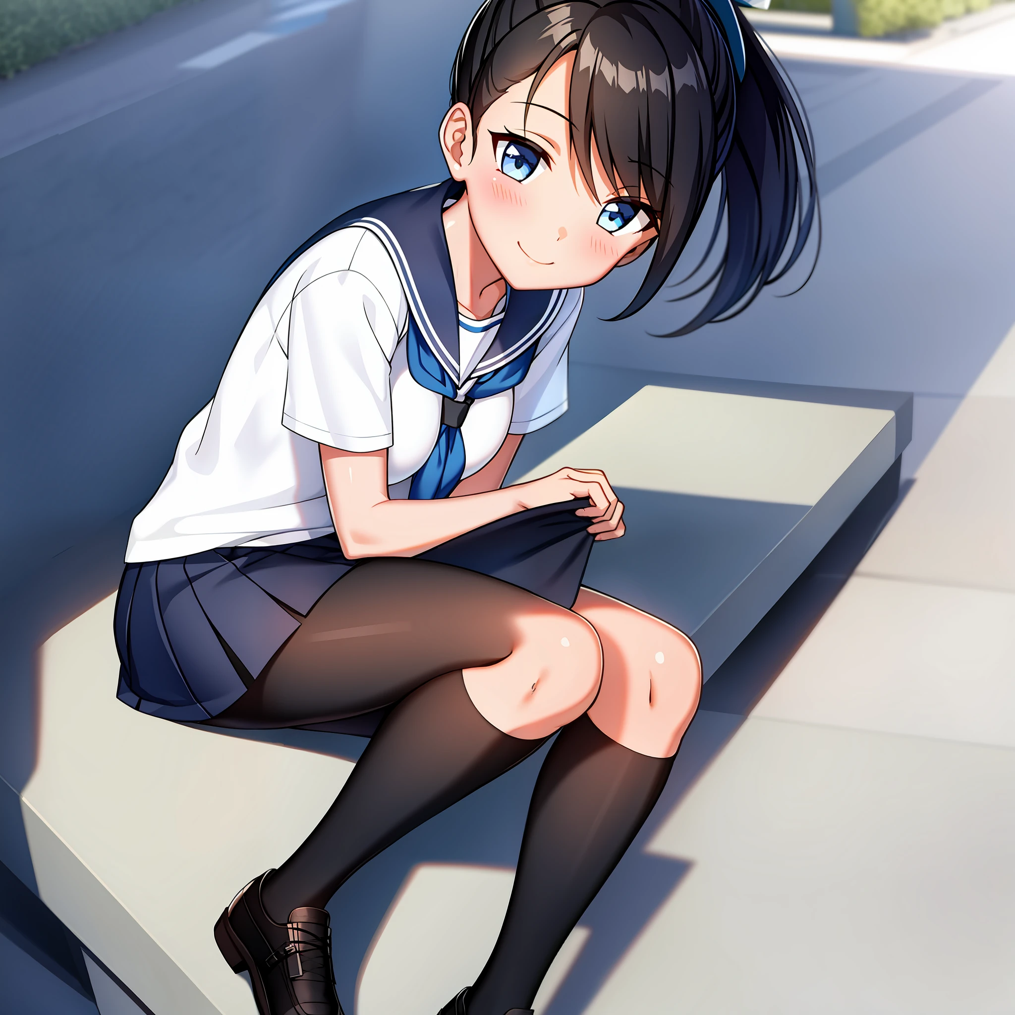 ((masterpeice, best quality)) perfect face, cinematic lighting, 1girl, solo, (tanned skin:1.2), (streets with tall buildings:0.7), (short hair, ponytail), (blond hair, green eyes:0.7), sailor uniform, holding shoulder bag, (running shoes:0.7), big breast, sitting on a bench alone, perfect face, beautiful face, beautiful eyes, (rib, slim body:1.3) (black stockings:!1.2), looking at viewer, blush, wearing blue skirt, (cute smile)