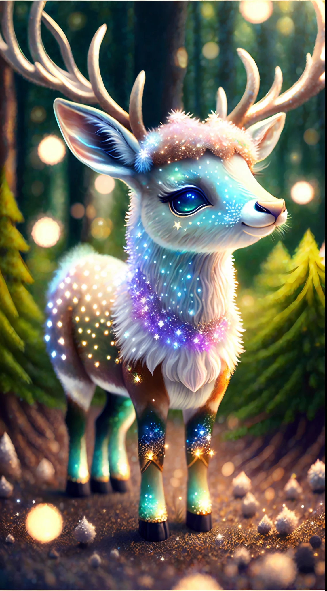 Magic Deer, kawaii, fluffy, sparkling stars bodypaint, dreamy forest, photorealistic painting, sharp focus, 8k, perfect composition, trending on artstation, award-winning photograph, unreal engine 5, cinematic smooth, intricate detail