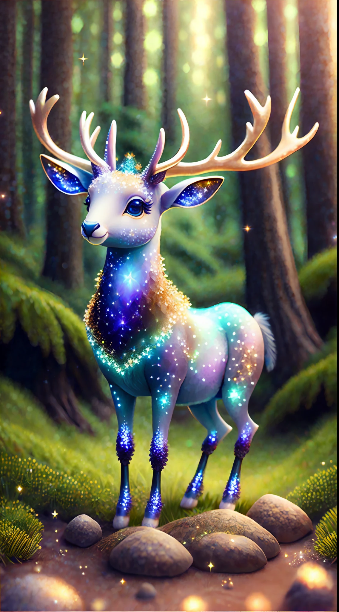 Magic Deer, kawaii, fluffy, sparkling stars bodypaint, dreamy forest, photorealistic painting, sharp focus, 8k, perfect composition, trending on artstation, award-winning photograph, unreal engine 5, cinematic smooth, intricate detail