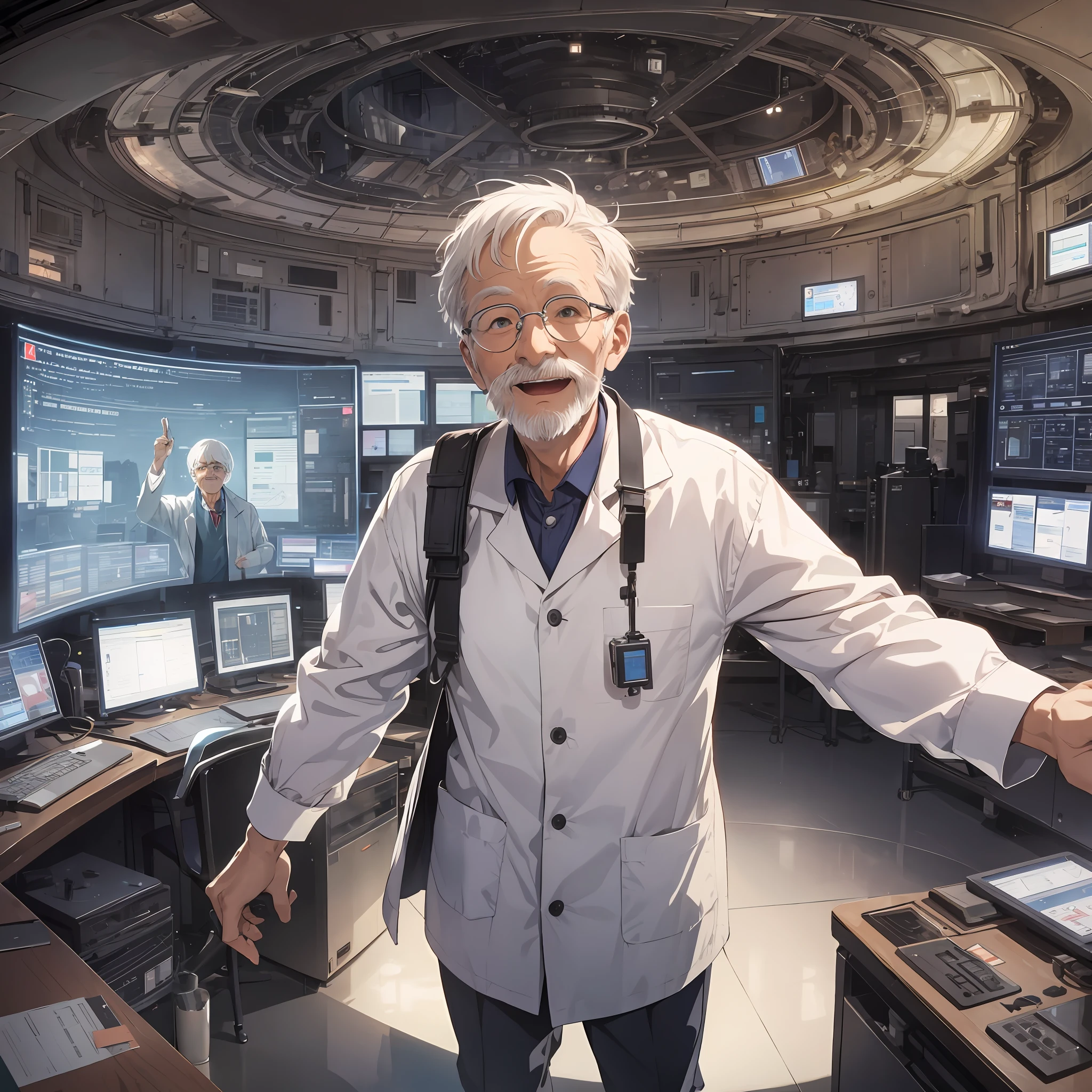 1 old man with short white hair dressed as a scientist, with an excited expression, and a large scientific observatory with many large screens in the background
