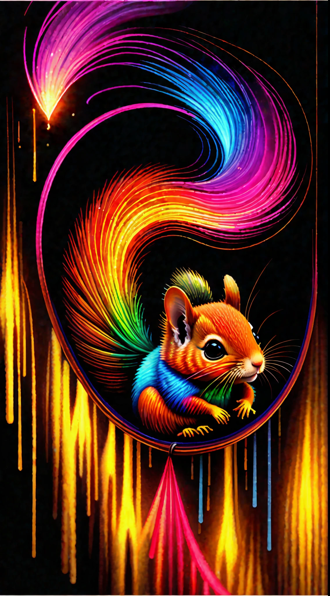 a painting of a colorful squirrel on a black background,, breathtaking rendering, within a radiant connection, inspired by Kinuko Y. Craft,, magical elements, kitten icon, wow, is beautiful, casting a multi colorful spell, bright flash, flash