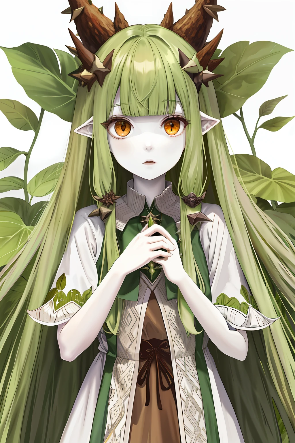 mandragora, (monster girl), pale yellow skin, brown bark dress, green super long super spikey leaf hair, three faces masterpiece, best quality