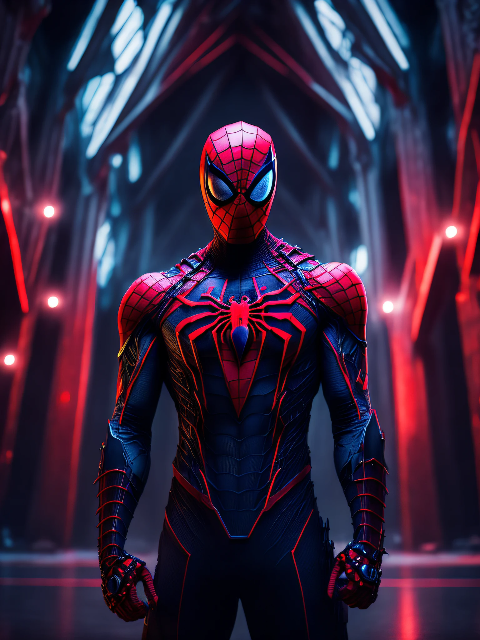 gloomy portrait of Evil Bloody Spider-Man from Marvel with intricate angular cybernetic implants inside a brutalist building, gothic brutalist cathedral, cyberpunk, award-winning photo, bokeh, neon lights, cybernetic limb