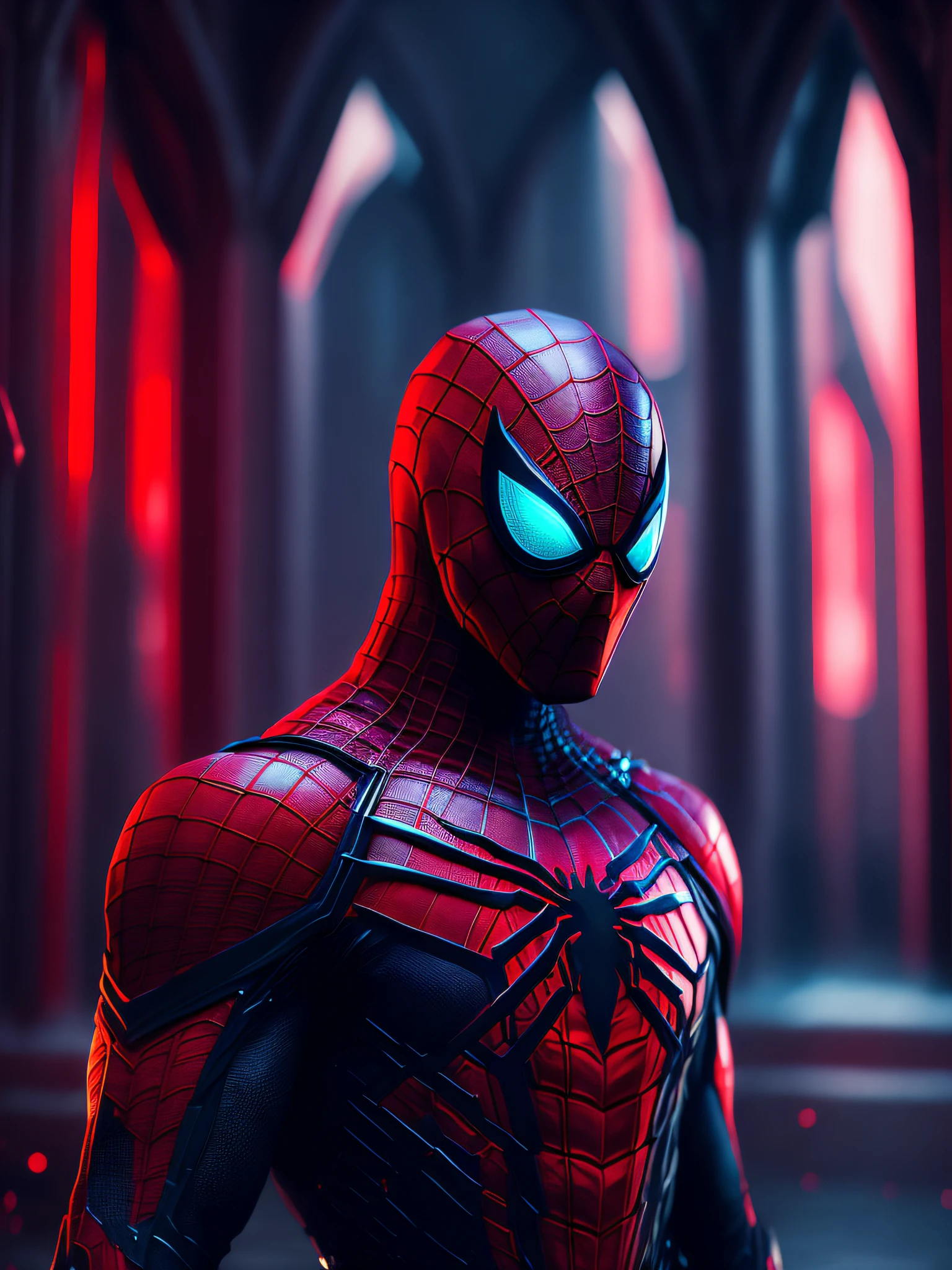 gloomy portrait of Bloody Spider-Man from Marvel with intricate angular cybernetic implants inside a brutalist building, gothic brutalist cathedral, cyberpunk, award-winning photo, bokeh, neon lights, cybernetic limb