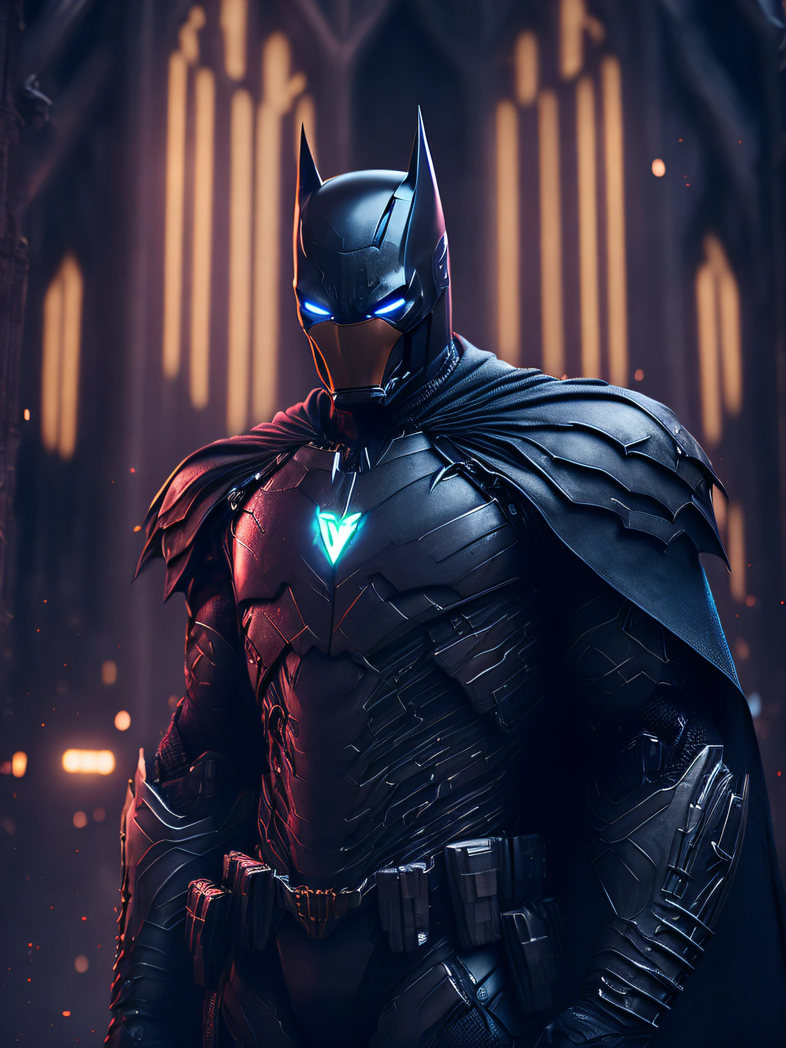 gloomy portrait of Batman in Iron Man suit with intricate angular cybernetic implants inside a brutalist building, gothic brutalist cathedral, cyberpunk, award-winning photo, bokeh, neon lights, cybernetic limb