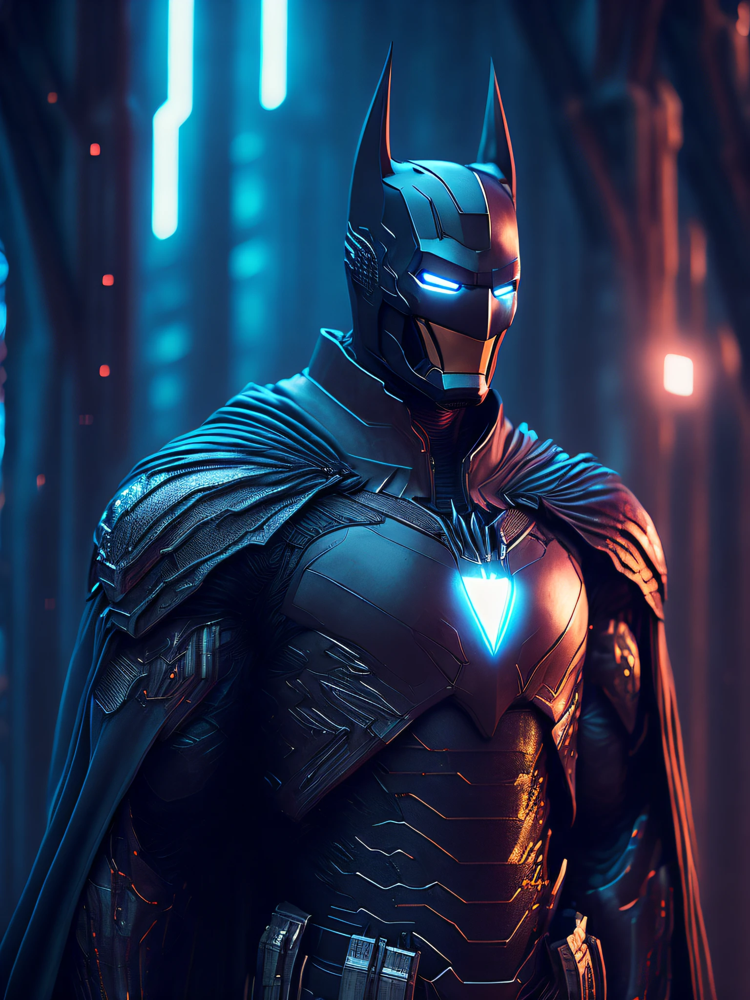 gloomy portrait of Batman in Iron Man suit with intricate angular cybernetic implants inside a brutalist building, gothic brutalist cathedral, cyberpunk, award-winning photo, bokeh, neon lights, cybernetic limb