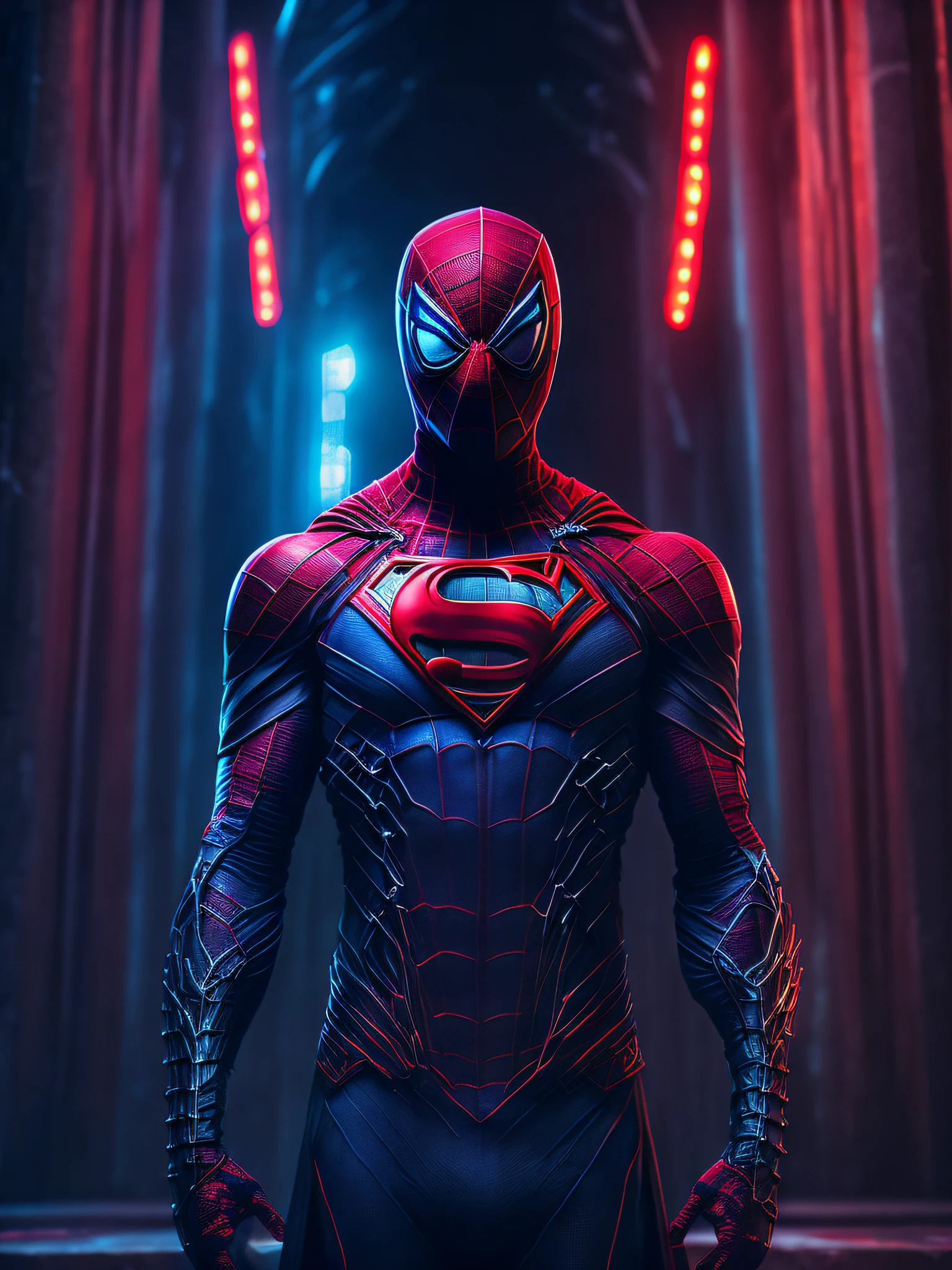 gloomy portrait of Spiderman in Superman costume with intricate angular cybernetic implants inside a brutalist building, gothic brutalist cathedral, cyberpunk, award-winning photo, bokeh, neon lights, cybernetic limb