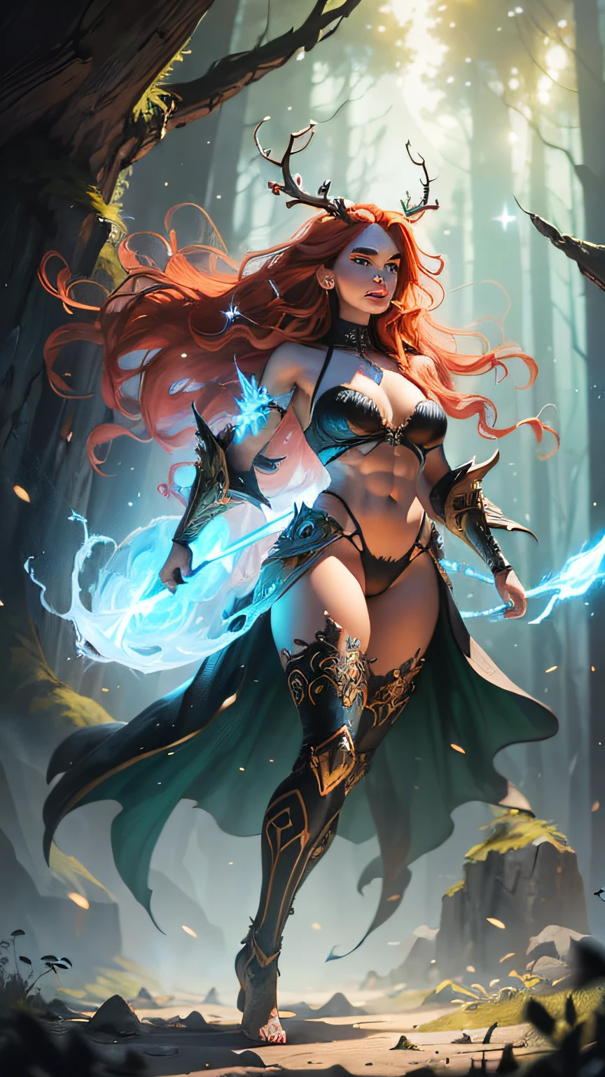 hand drawn sketch illustration of a beautiful dnd ifreet djinn girl with flaming red hair, blue eyes, symmetrical antlers, blue skin, leather armor with freckles and bright striking blue eyes posing for a photo,full body, bare shoulders, muscular, fit, defined abs, thongs, (prominent cameltoe) white freckles, long flowing green hair flying, glowing radiance, beautiful pale makeup, color portrait, stunning portrait, elegant freckles, wearing black thongs with glowing runes of power, black gloves, star-shine, gold dust spread across her skin and her face, (dark, hyper-realistic photos (((portrait)))  refraction ,Dark background of magical night forest, deep woods, towering ruins, starlight skies, A mystical and epic landscape, featuring a fantastical and surreal world of floating islands, giant trees, and mythical creatures, that transport the viewer to a world of imagination and wonder, artstation, digital art, intricate, trending, bright colors suitable for viewing in public places