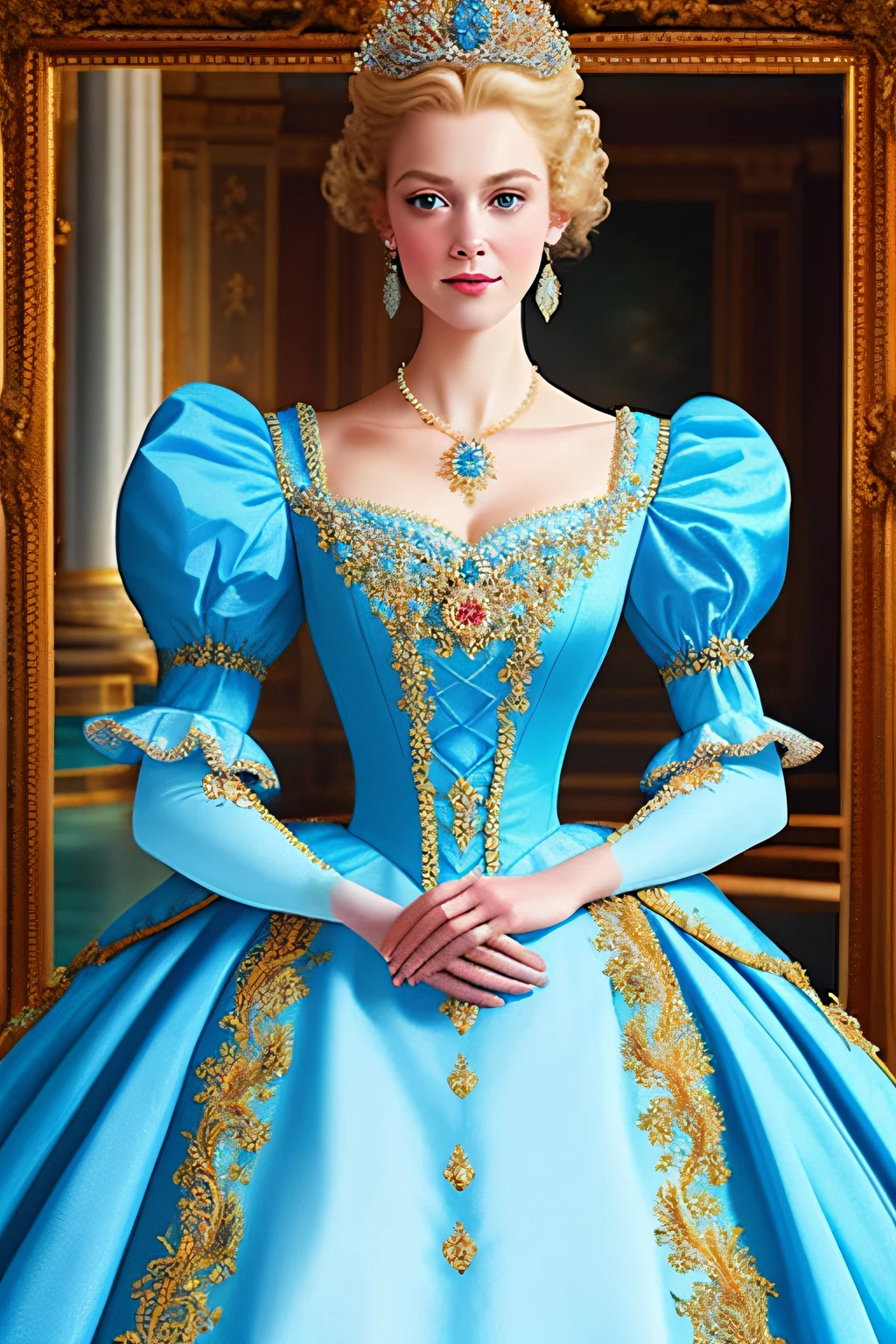 best quality, ((masterpiece)), portrait, Cinderella dressed in a stately and elaborate ballgown with huge puffed sleeves, ((perfect face)), elaborately curled and styled blonde hair, blue eyes (perfect eyes)