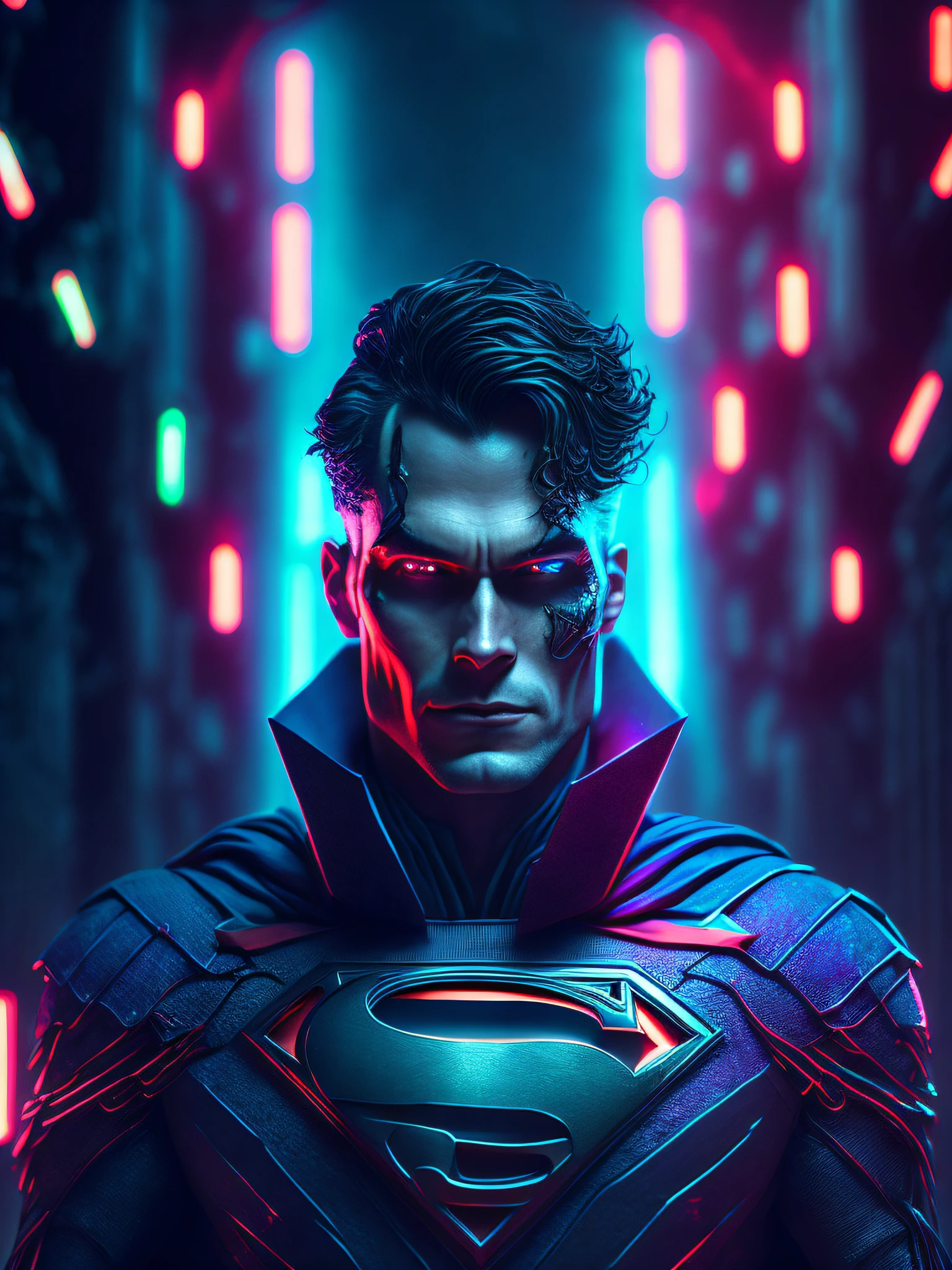 somber portrait of Superman in Joker style with intricate angular cybernetic implants inside a brutalist building, gothic brutalist cathedral, cyberpunk, award-winning photo, bokeh, neon lights, cybernetic limb