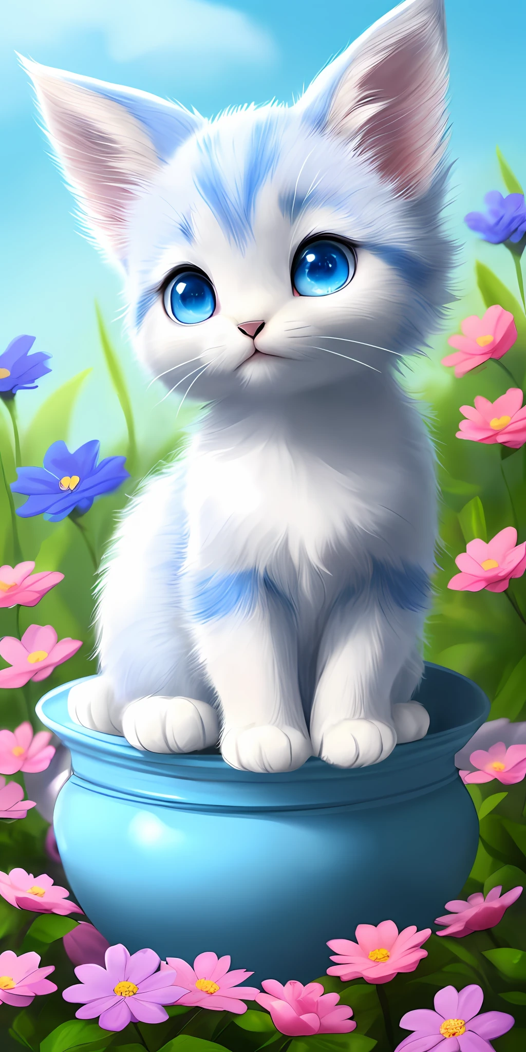 A kitten with a tiny tail, a small nose, small ears, blue eyes, blue background, flowers, vase, dream, caroline chariot-dayez pastels, tumblr, furry art, elokitty, Disney's Bambi cat, Disney's stylized furry, ears floating, fluffy tail, human cat, fluffy ''', fluffy !!!, high resolution, furry art!!!