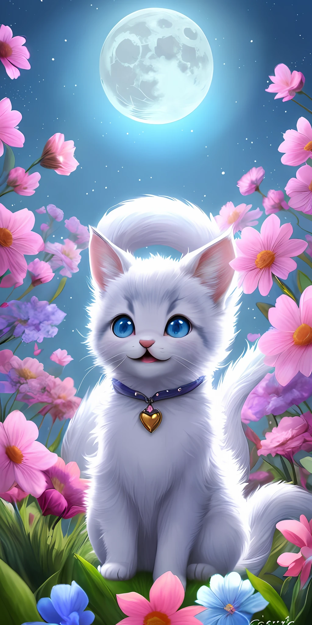 A kitten with a tiny tail, a small nose, small ears, blue eyes, pink background, flowers, vases, dreams, open mouth, smile, Caroline Chariot-Dayez pastels, tumblr, furry art, elokitty, Disney's Bambi cat, Disney's stylized furry, ears floating, fluffy tail, fluffy '', fluffy !!!, high resolution, furry art!!! The moon, small in size