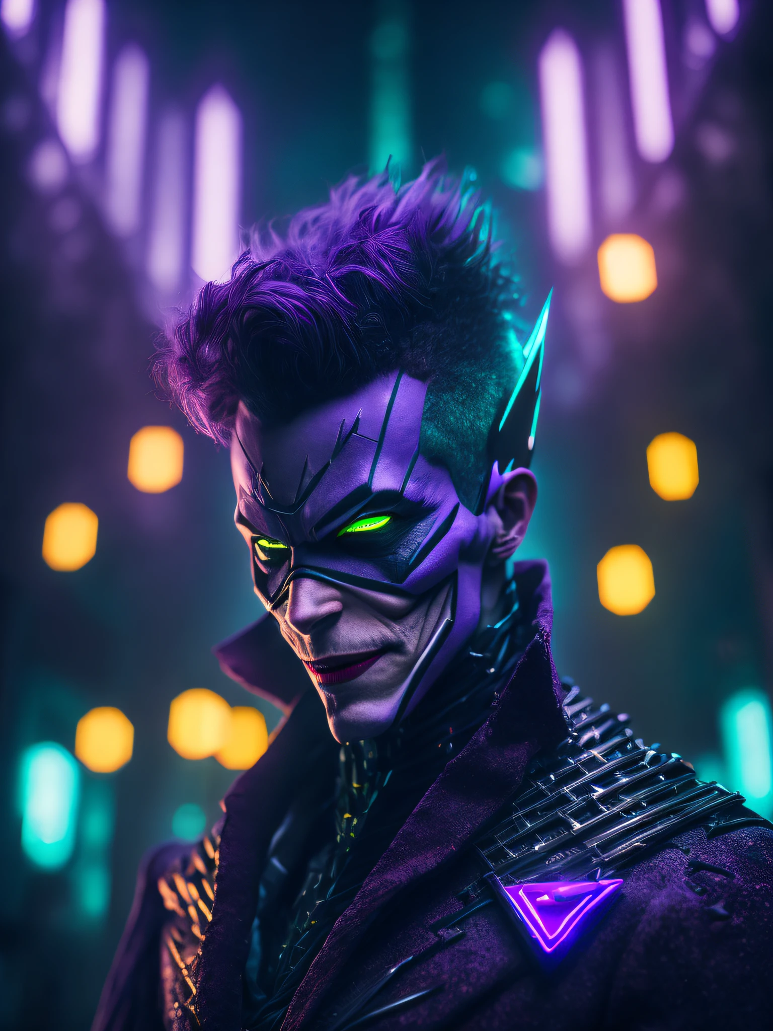 gloomy portrait of The Flash Joker with intricate angular cybernetic implants inside a brutalist building, gothic brutalist cathedral, cyberpunk, award-winning photo, bokeh, neon lights, cybernetic limb