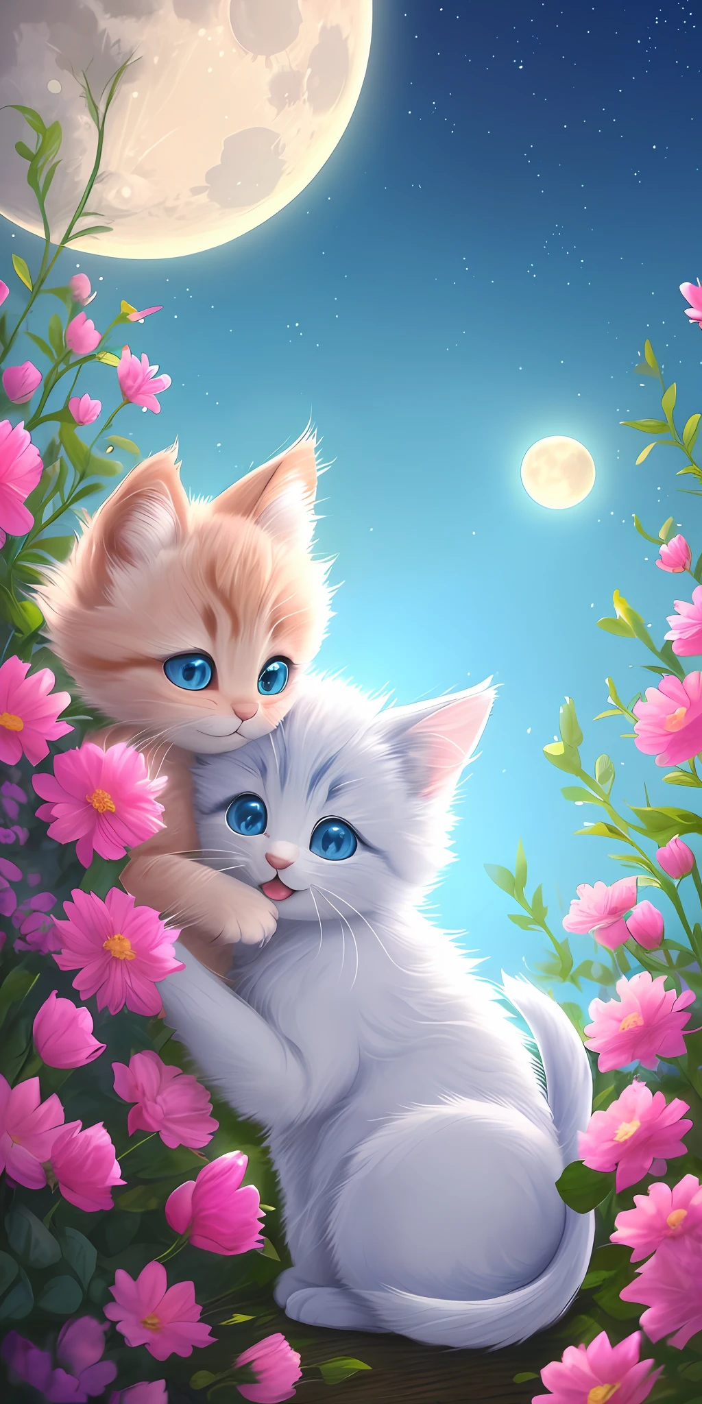 A kitten with a tiny tail, a small nose, small ears, blue eyes, pink background, flowers, vases, dreams, open mouth, smile, Caroline Chariot-Dayez pastels, tumblr, furry art, elokitty, Disney's Bambi cat, Disney's stylized furry, ears floating, fluffy tail, fluffy '', fluffy !!!, high resolution, furry art!!! The moon, small in size