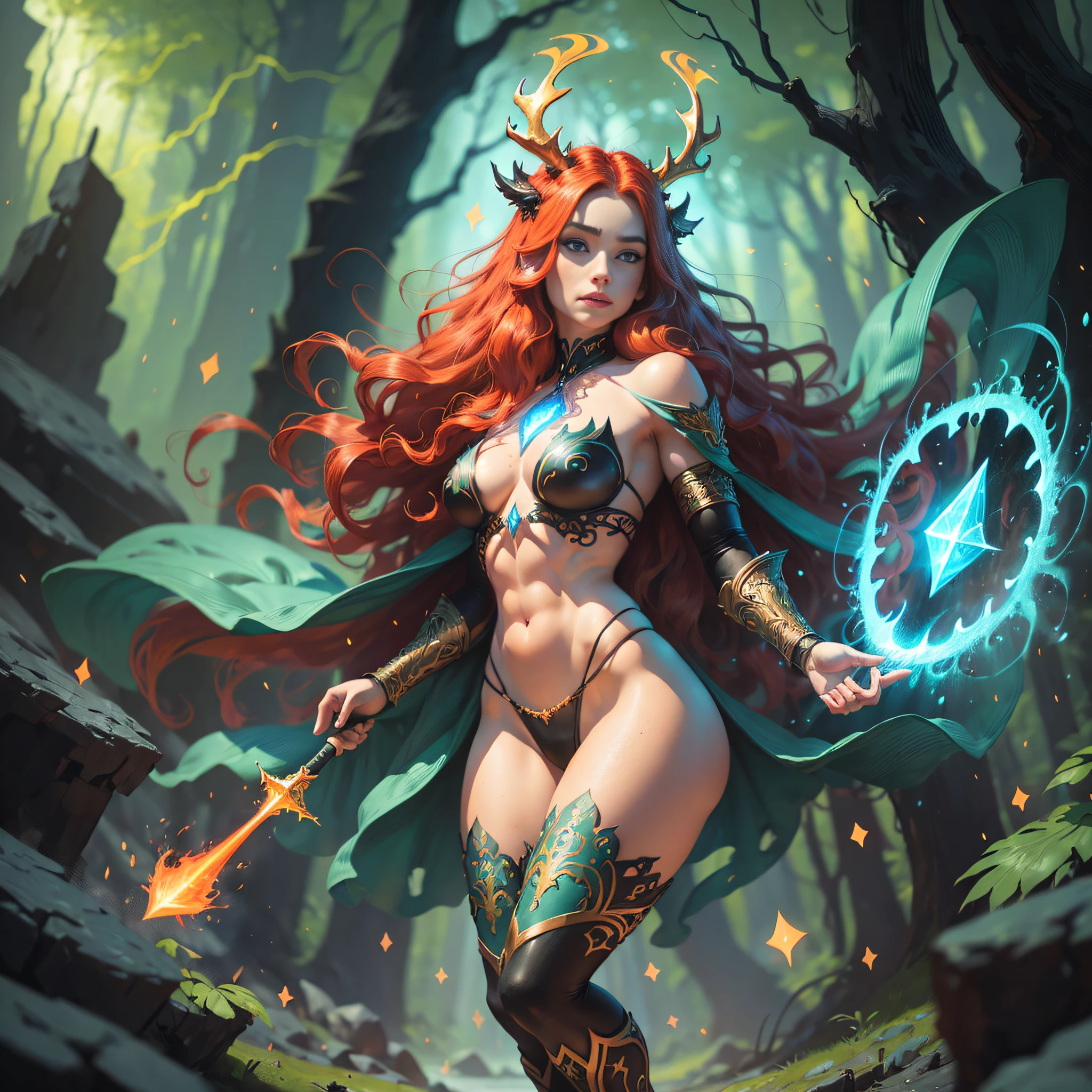hand drawn sketch illustration of a beautiful dnd ifreet djinn girl with flaming red hair, blue eyes, symmetrical antlers, blue skin, leather armor with freckles and bright striking blue eyes posing for a photo,full body, bare shoulders, muscular, fit, defined abs, thongs, (prominent cameltoe) white freckles, long flowing green hair flying, glowing radiance, beautiful pale makeup, color portrait, stunning portrait, elegant freckles, wearing black thongs with glowing runes of power, black gloves, star-shine, gold dust spread across her skin and her face, (dark, hyper-realistic photos (((portrait))) refraction ,Dark background of magical night forest, deep woods, towering ruins, starlight skies, A mystical and epic landscape, featuring a fantastical and surreal world of floating islands, giant trees, and mythical creatures, that transport the viewer to a world of imagination and wonder, artstation, digital art, intricate, trending, bright colors suitable for viewing in public places