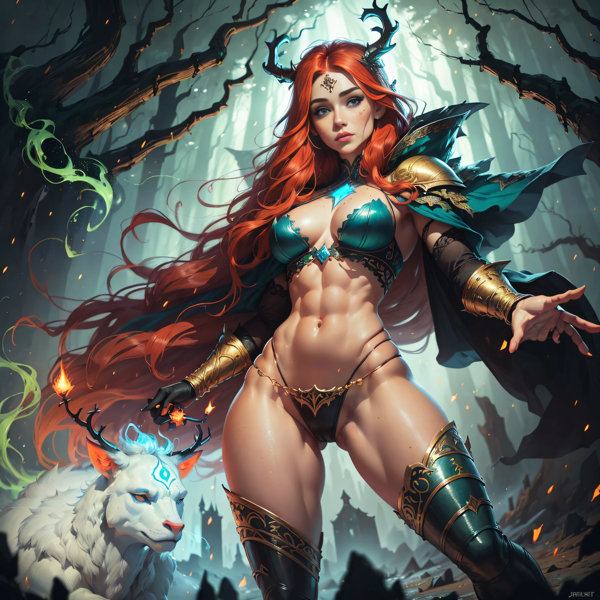 hand drawn sketch illustration of a beautiful dnd ifreet djinn girl with flaming red hair, blue eyes, symmetrical antlers, blue skin, leather armor with freckles and bright striking blue eyes posing for a photo,full body, bare shoulders, muscular, fit, defined abs, thongs, (prominent cameltoe) white freckles, long flowing green hair flying, glowing radiance, beautiful pale makeup, color portrait, stunning portrait, elegant freckles, wearing black thongs with glowing runes of power, black gloves, star-shine, gold dust spread across her skin and her face, (dark, hyper-realistic photos (((portrait))) refraction ,Dark background of magical night forest, deep woods, towering ruins, starlight skies, A mystical and epic landscape, featuring a fantastical and surreal world of floating islands, giant trees, and mythical creatures, that transport the viewer to a world of imagination and wonder, artstation, digital art, intricate, trending, bright colors suitable for viewing in public places