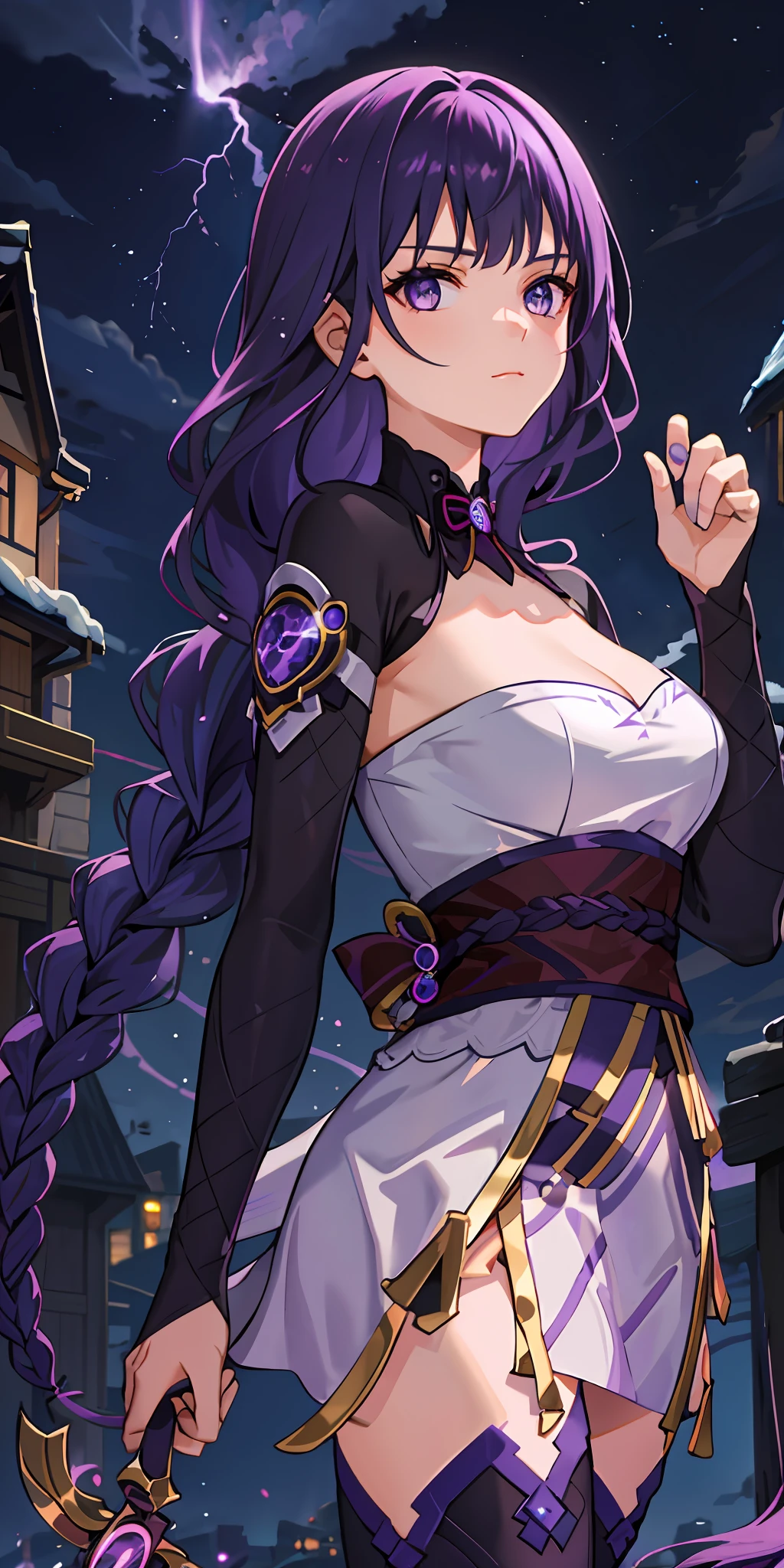 1girl, purple hair, lightning eye, black cliff pole, lightning, lighting striking houses in background, glowing, purple lighting, wallpaper,