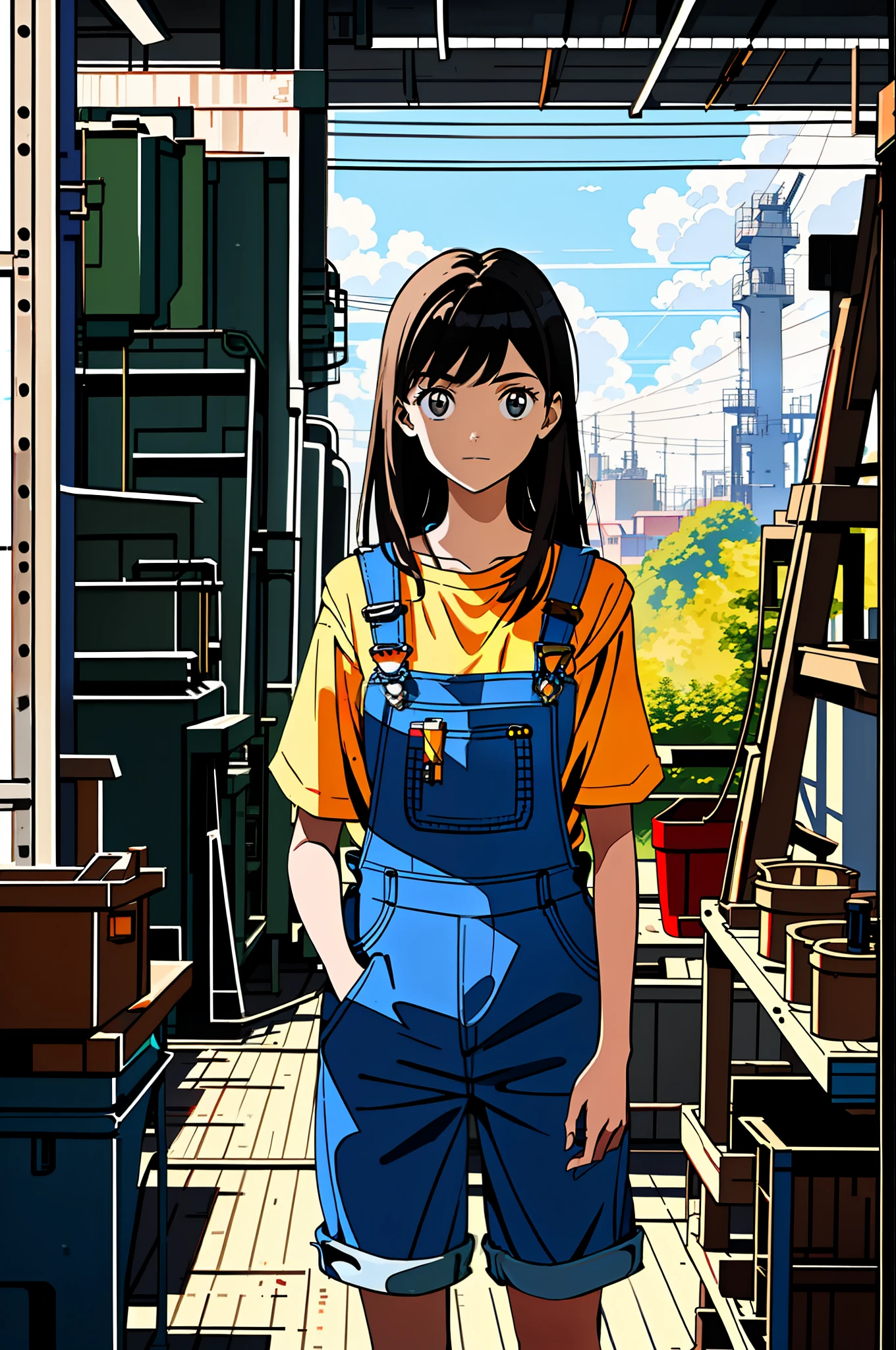 Maximize my mechanical creativity (A Girl Wearing Overalls:1.2). She is with a lot of tools and you can paint her behind the inspiring factory views. In addition, the sunlight beautifully illuminates her outlines.