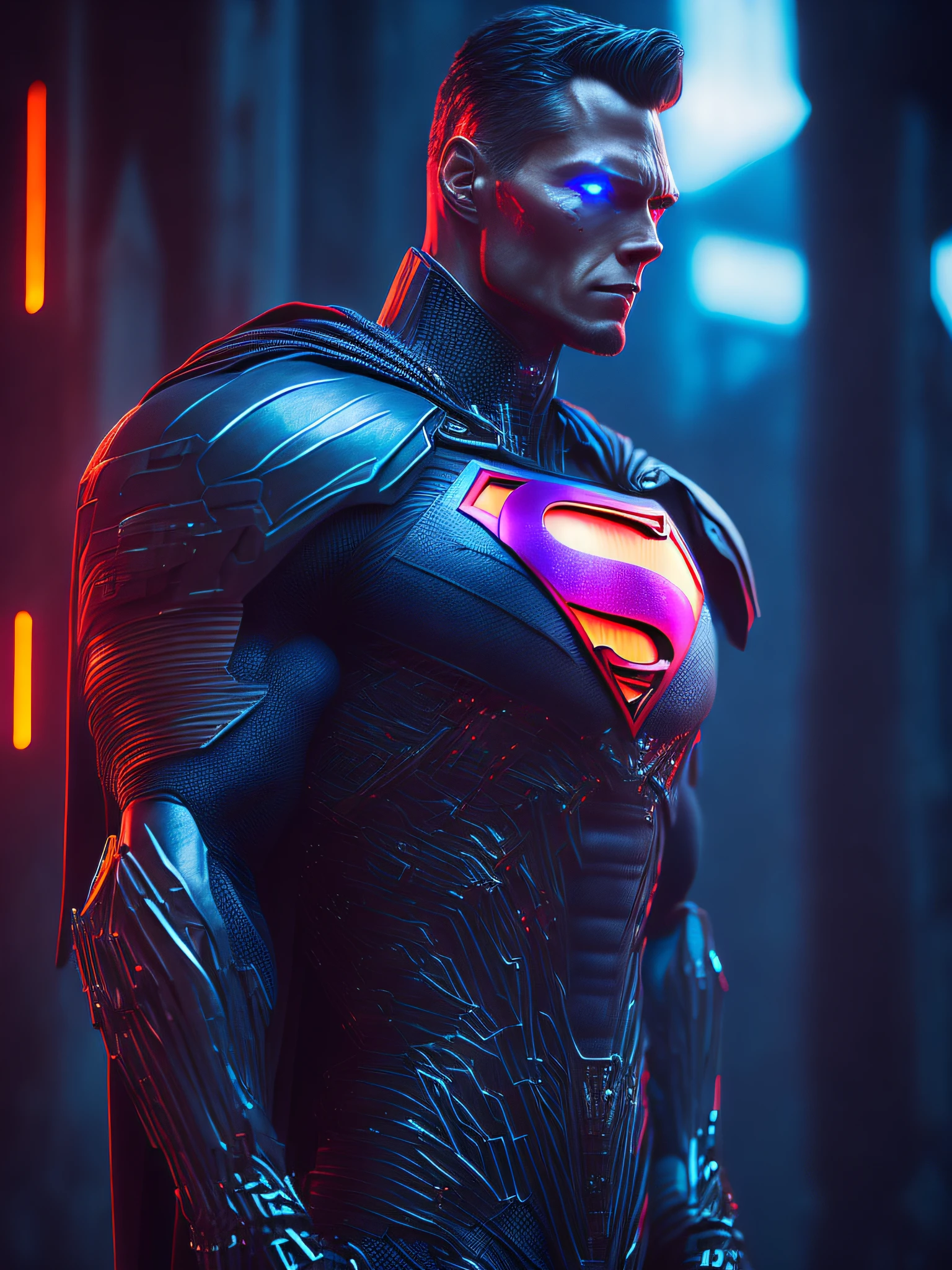 somber portrait of Terminator Superman with intricate angular cybernetic implants inside a brutalist building, gothic brutalist cathedral, cyberpunk, award-winning photo, bokeh, neon lights, cybernetic limb