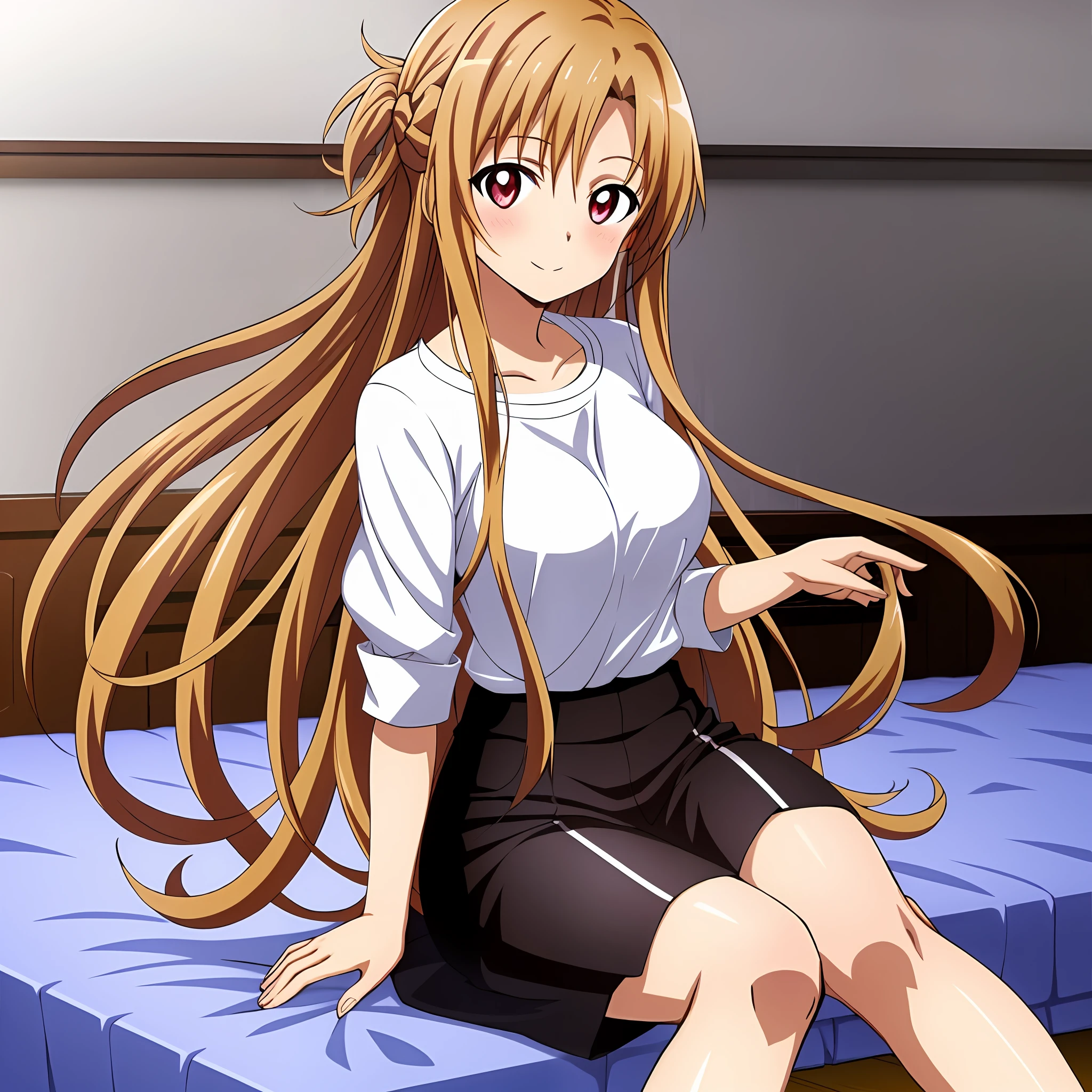 (exceptional, best aesthetic, new, newest, best quality, masterpiece, extremely detailed, anime, waifu:1.2), 1girl, yuuki_asuna, solo, casual clothes, medium breasts, white shirt,