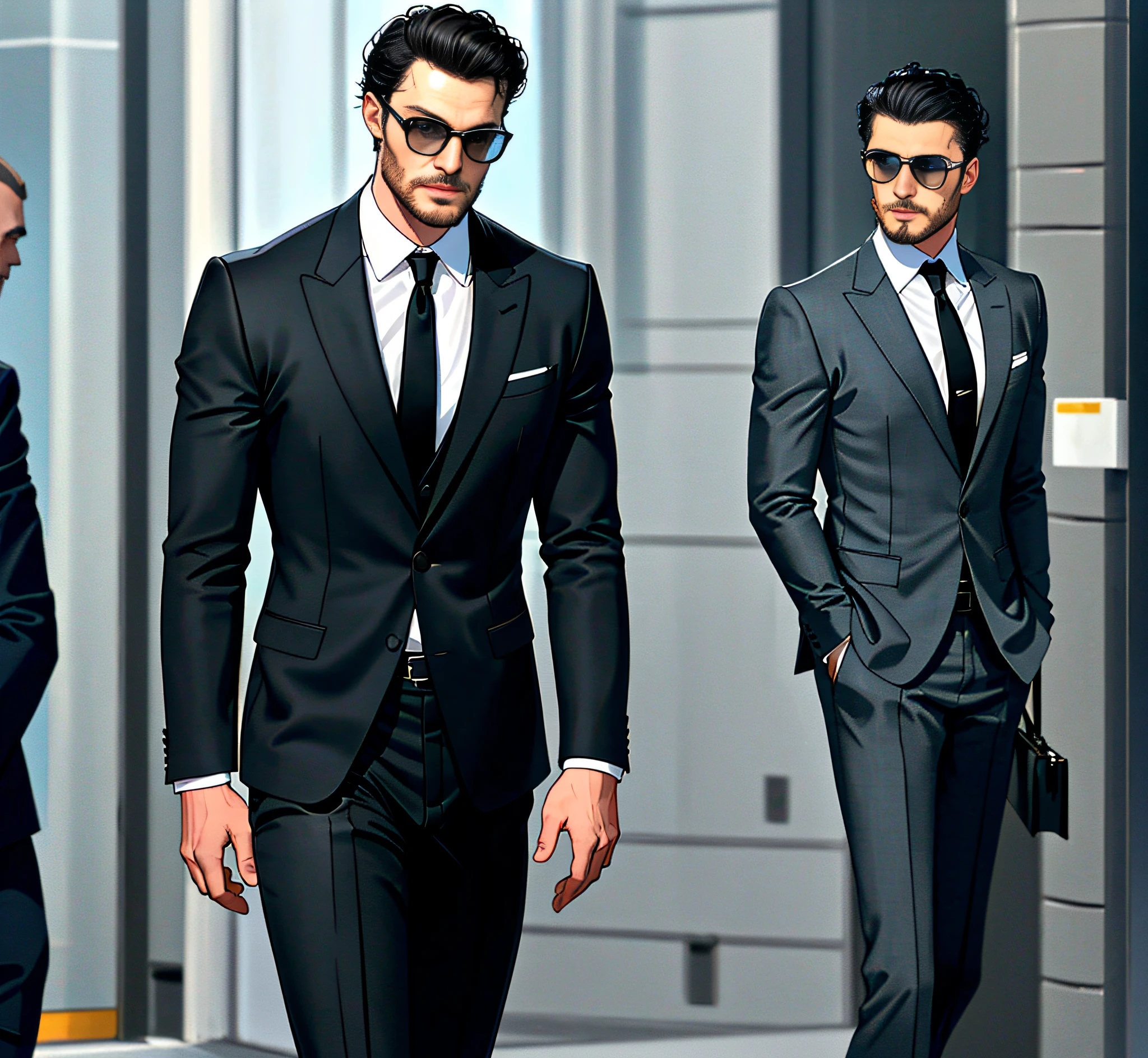 (Man CEO), Wearing a suit, (Bearded and glamorous) Movie scene, (impeccable), Wearing sunglasses, Serious and elegant man, Actor Jamie Dornan, thick male eyebrows, Agent 007 man style, Mysterious serious face, short black hair, elegant and elegant, fit figure, strong in suit, at the auction site: 1.3, a rich businessman in a lot of suits and leather shoes behind him: 1.5, Man is similar to actor Jamie Donan, (high quality and realistic image), (best quality, 8k, masterpiece)