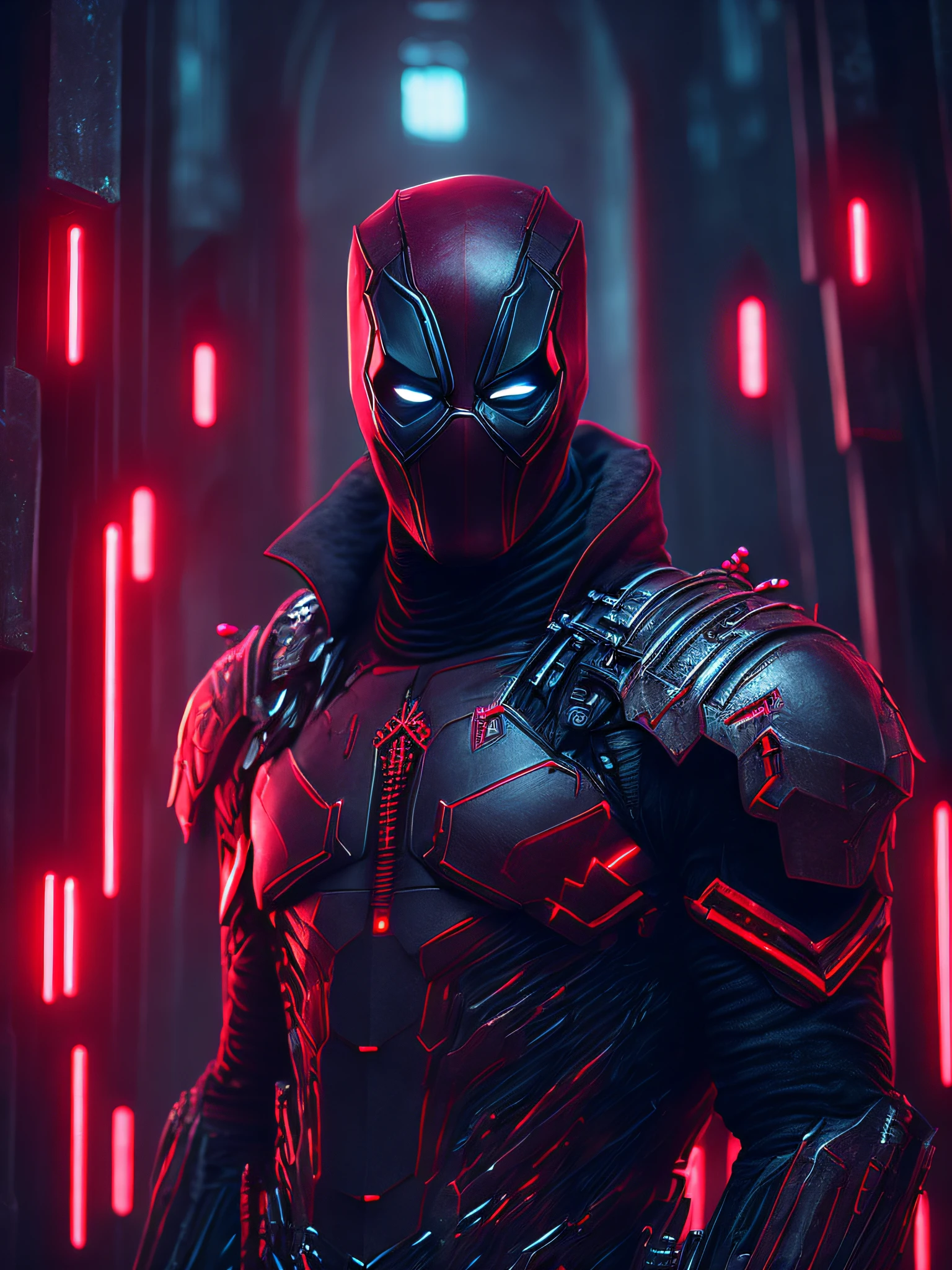 gloomy portrait of Terminator Deadpool with intricate angular cybernetic implants inside a brutalist building, gothic brutalist cathedral, cyberpunk, award-winning photo, bokeh, neon lights, cybernetic limb