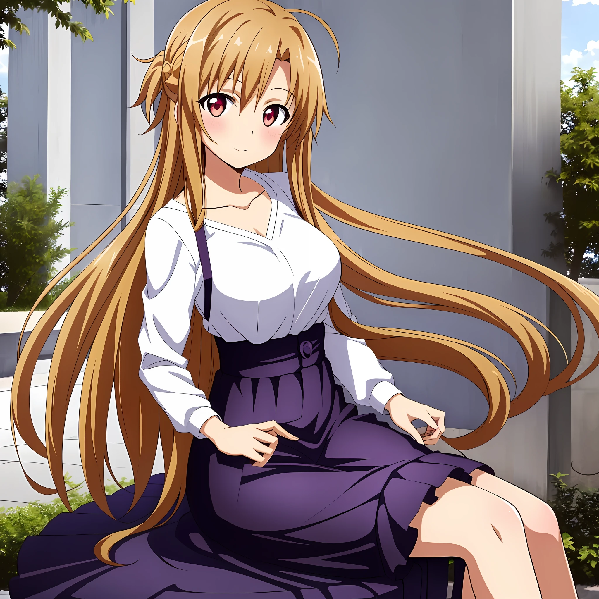(exceptional, best aesthetic, new, newest, best quality, masterpiece, extremely detailed, anime, waifu:1.2), 1girl, yuuki_asuna, solo, casual clothes, medium breasts, white shirt,