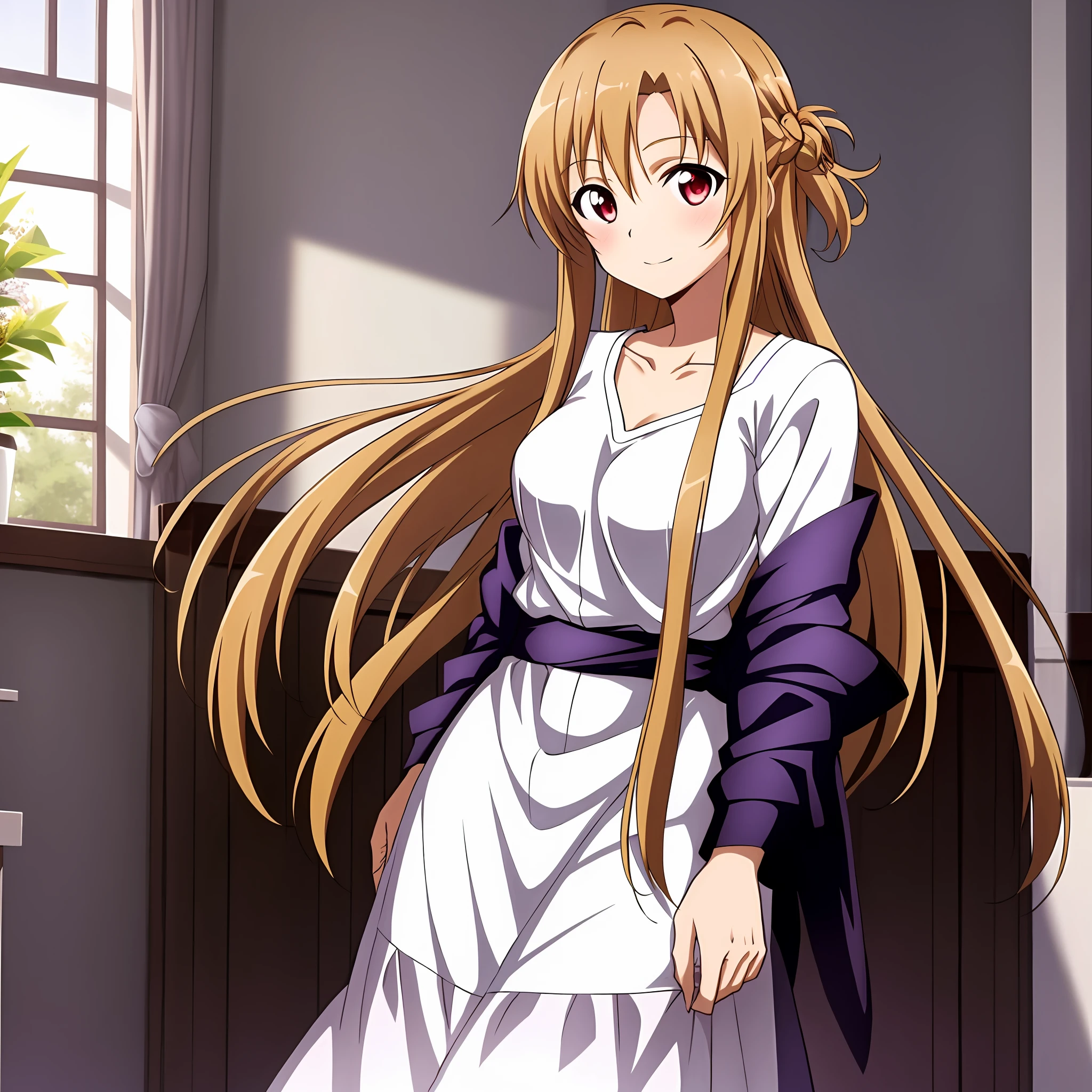 (exceptional, best aesthetic, new, newest, best quality, masterpiece, extremely detailed, anime, waifu:1.2), 1girl, yuuki_asuna, solo, casual clothes, medium breasts, white shirt,